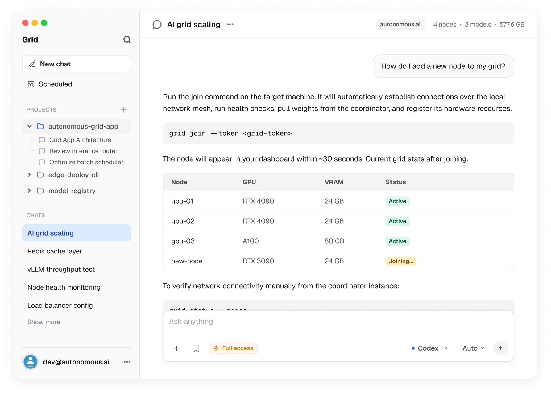 The Grid desktop app, showing a chat with a model running on the user's own cluster