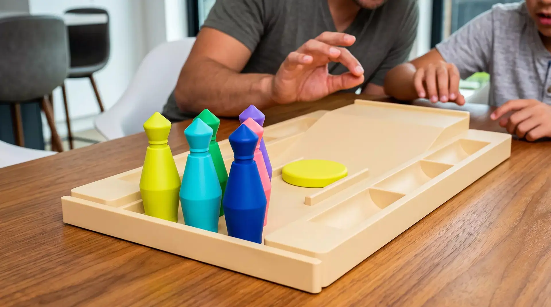 Pocket Bowling Toy: a Lane Tray That Ramps Into a Flick-launch Pad and Doubles A