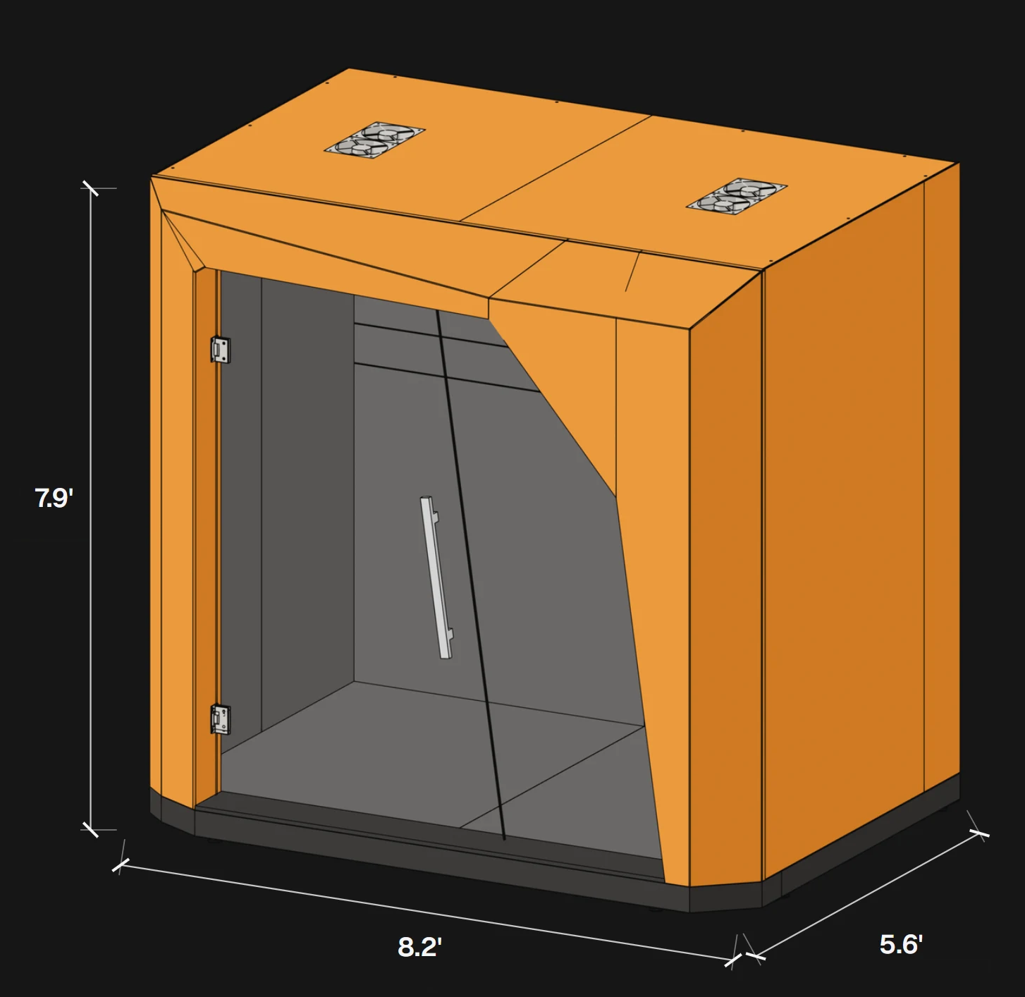 FocusPod in a 3/4 view, 8.2 feet wide, 5.6 feet deep and 7.9 feet tall
