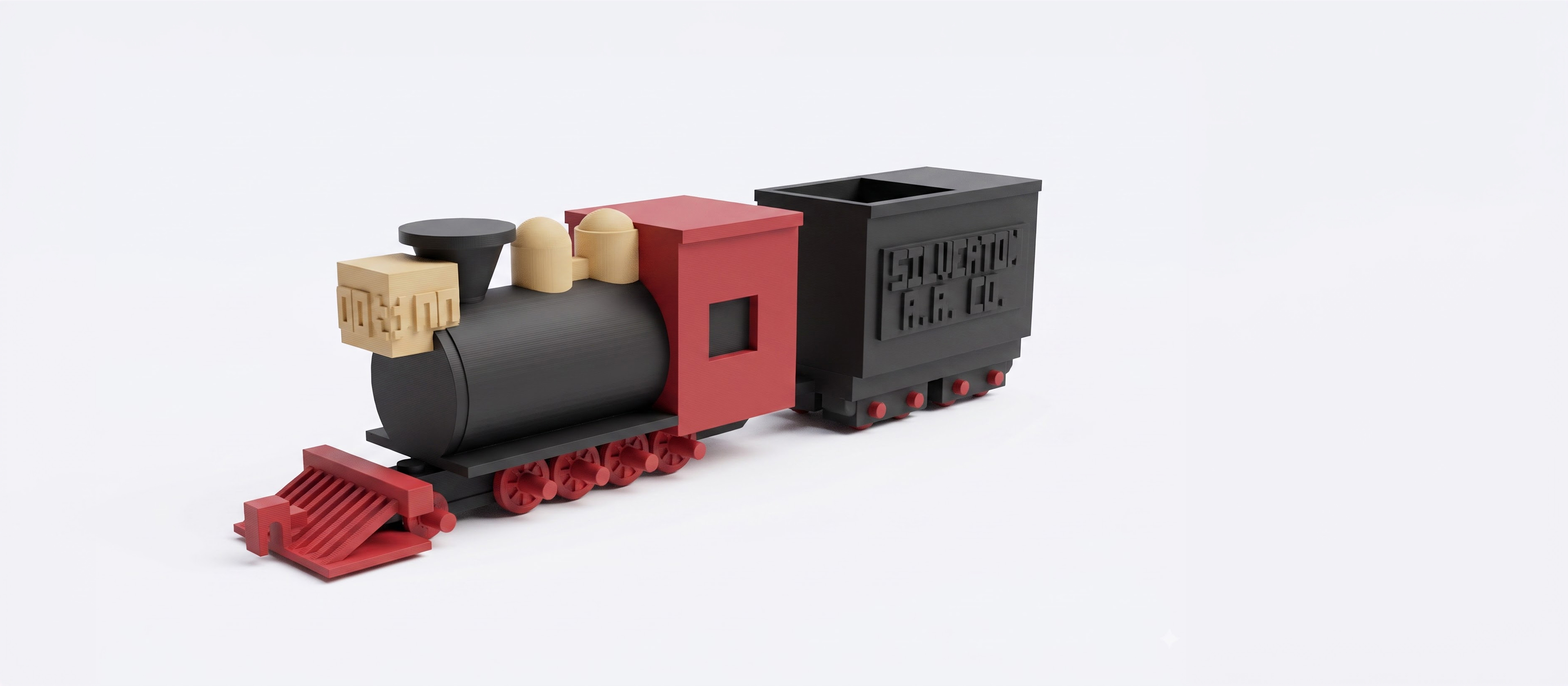 A 1:87 buildable desk model of Silverton Railroad No. 100, with a four-driver 2-8-0 profile, separate rolling wheelsets, a two-truck tender, and a hook-and-bar coupling. (1 of 1)