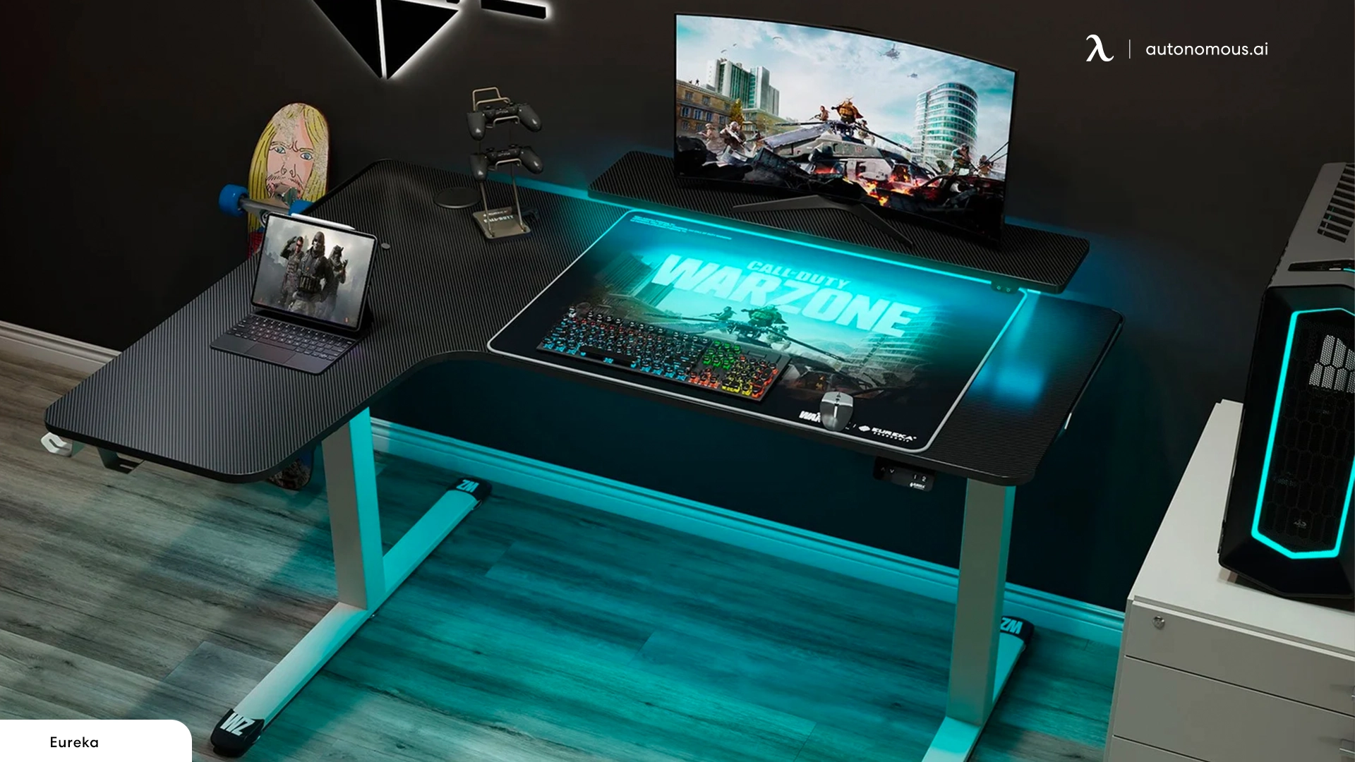 Home Entertainment Systems with L-shaped wooden desk