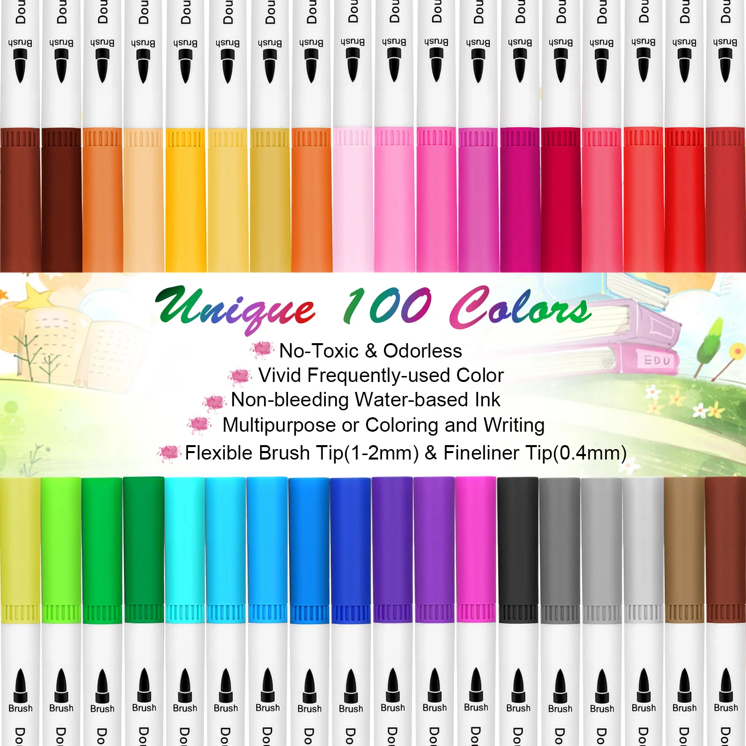 AGPtEK 100 Colors Dual Tip Brush Marker Pens with 0.4 Fine Tip