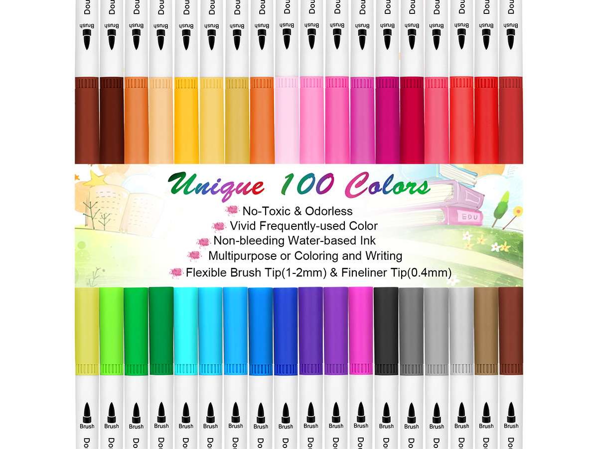 AGPtEK 100 Colors Dual Tip Brush Marker Pens with 0.4 Fine Tip