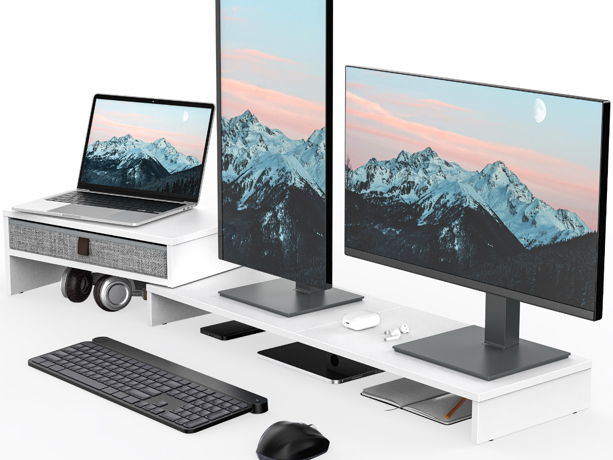 FENGE Computer Adjustable Length and Angle Monitor Riser Stand with Drawer