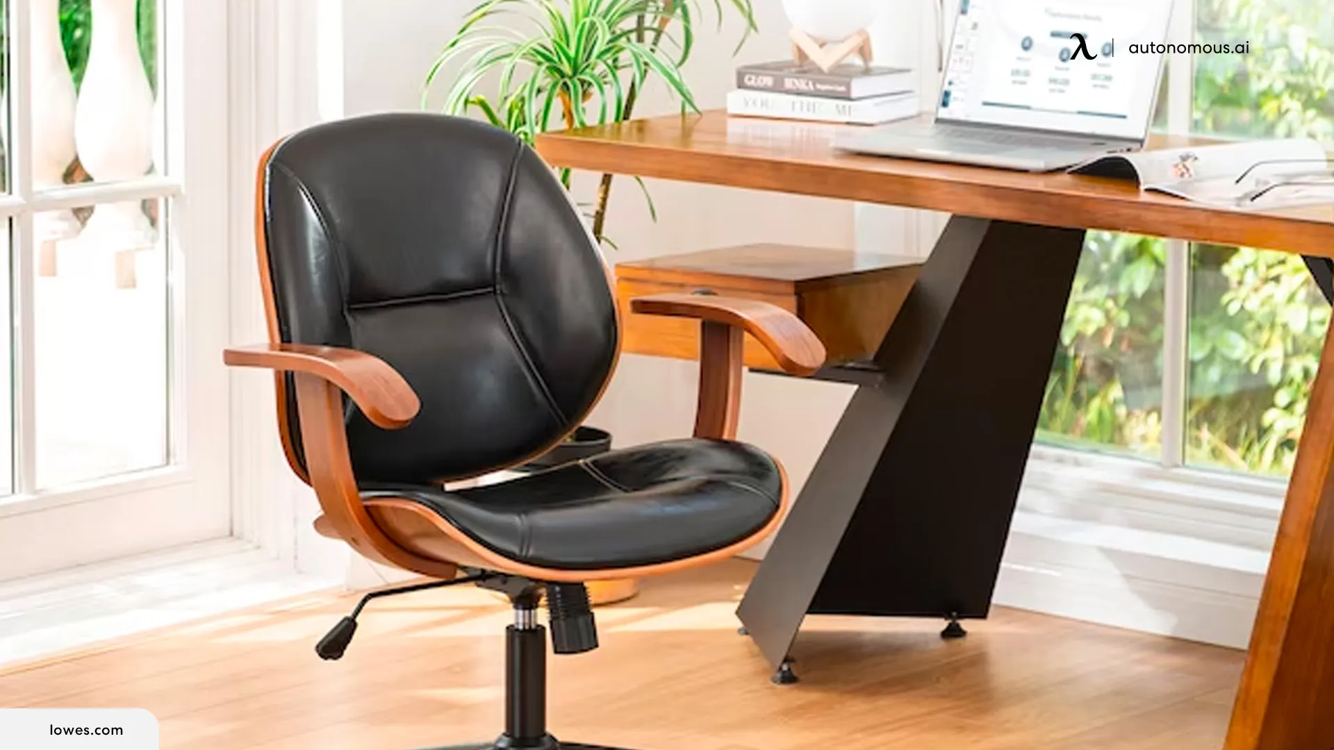 Brown Leather Office Chair with Other Office Furniture and Decor Elements
