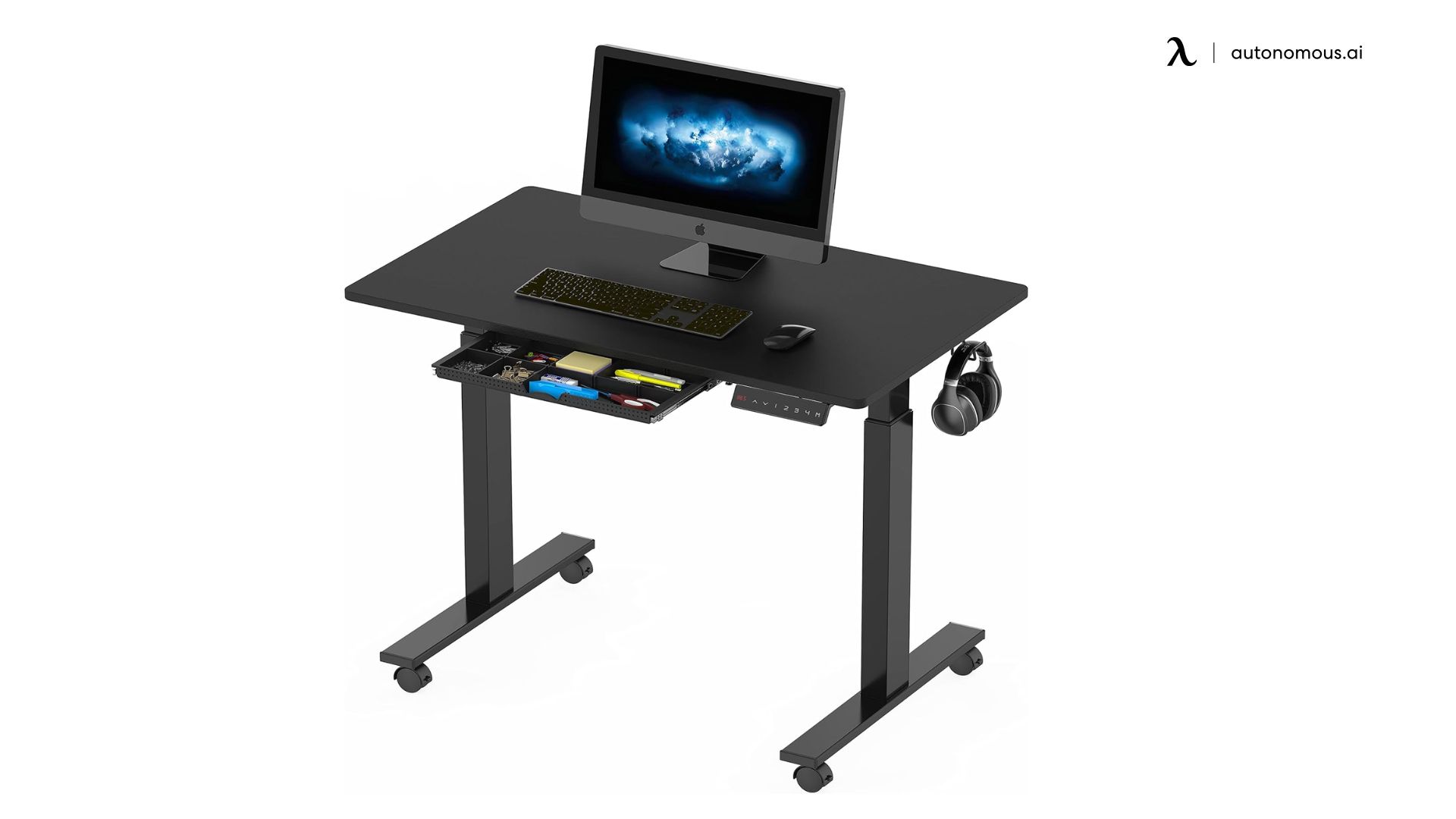 SHW Small Electric Height Adjustable Mobile Sit Stand Desk