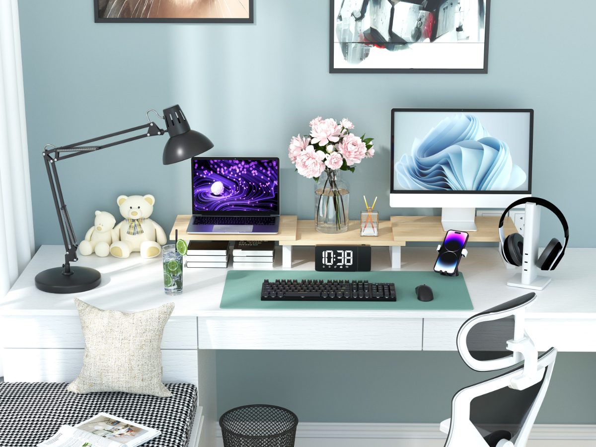 AOTHIA Wood Monitor Stand with Adjustable Length and Angle