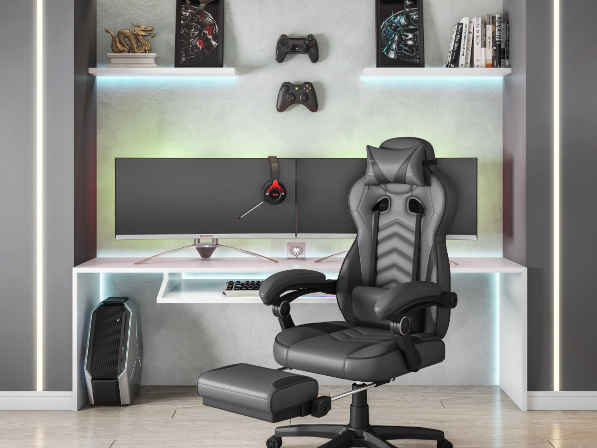 Techni Mobili Reclining Executive Gaming Chair w/ Footrest, Grey/Black