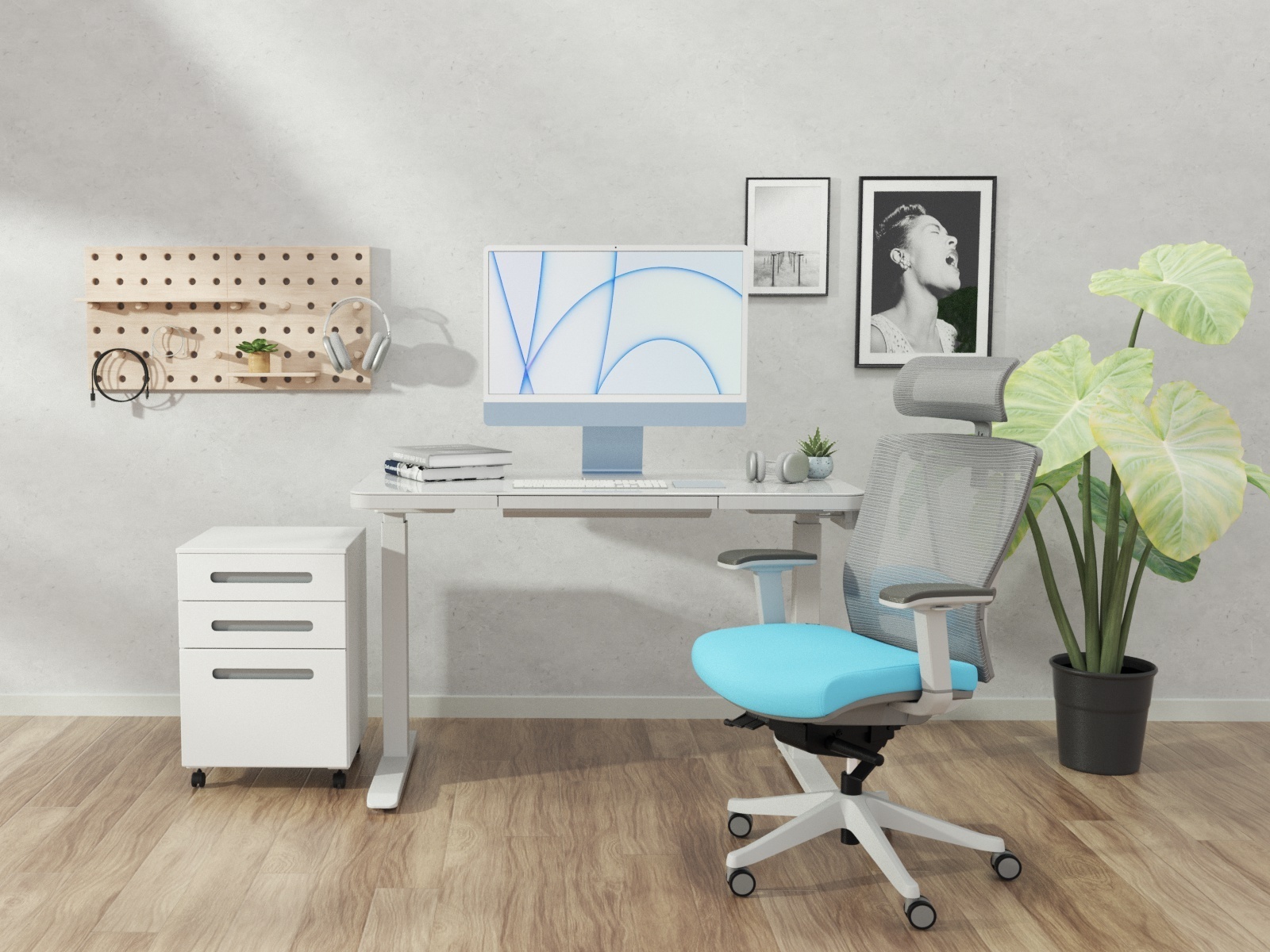 Standing desk with shelves is the perfect solution for a tidy and efficient work setup.