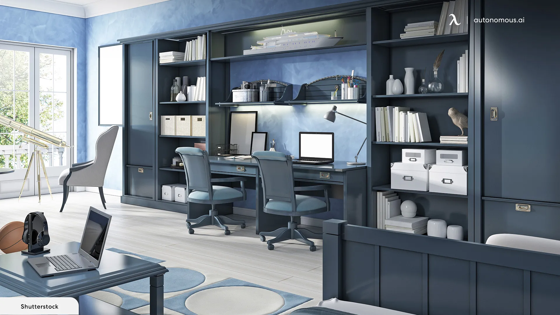 Blue Wall Desk for Two People