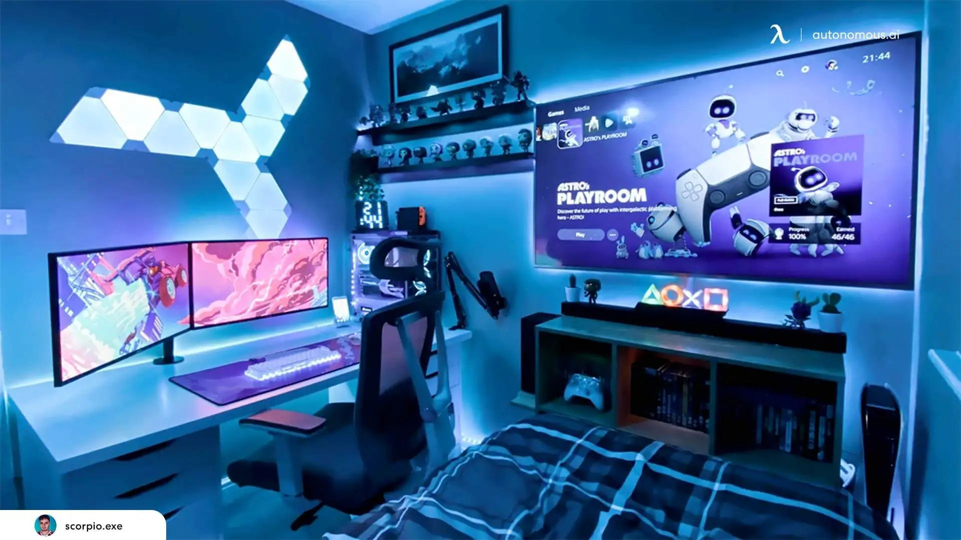 Cozy Dual Monitor Blue Gaming Setup