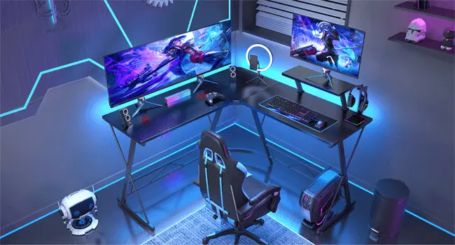 Sleek L-Shaped Desk Blue Gaming Room