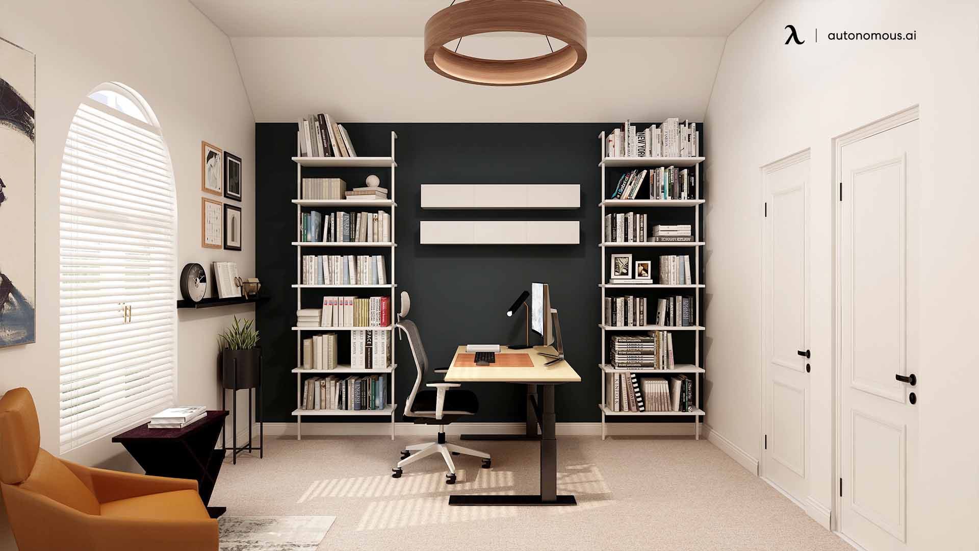 Placing your desk in the middle of the room creates an open and inviting workspace.