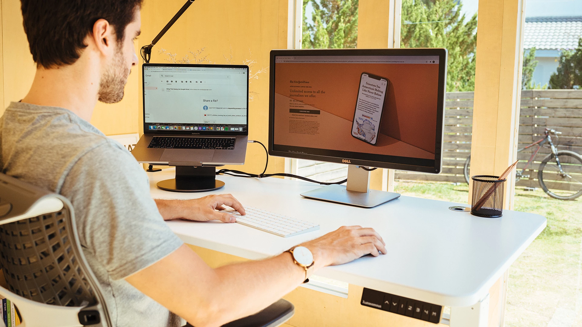 Use a compact desk and ergonomic chair setup with wall-mounted organizers.