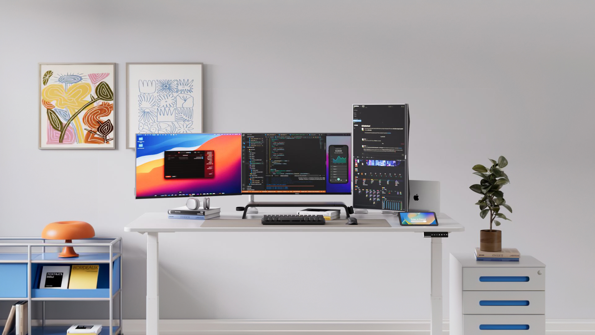 A large desk provides plenty of room for spreading out documents, tech devices, and supplies.