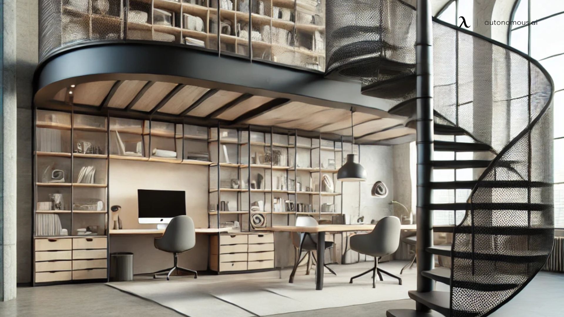 Creative Loft Office with a Spiral Staircase