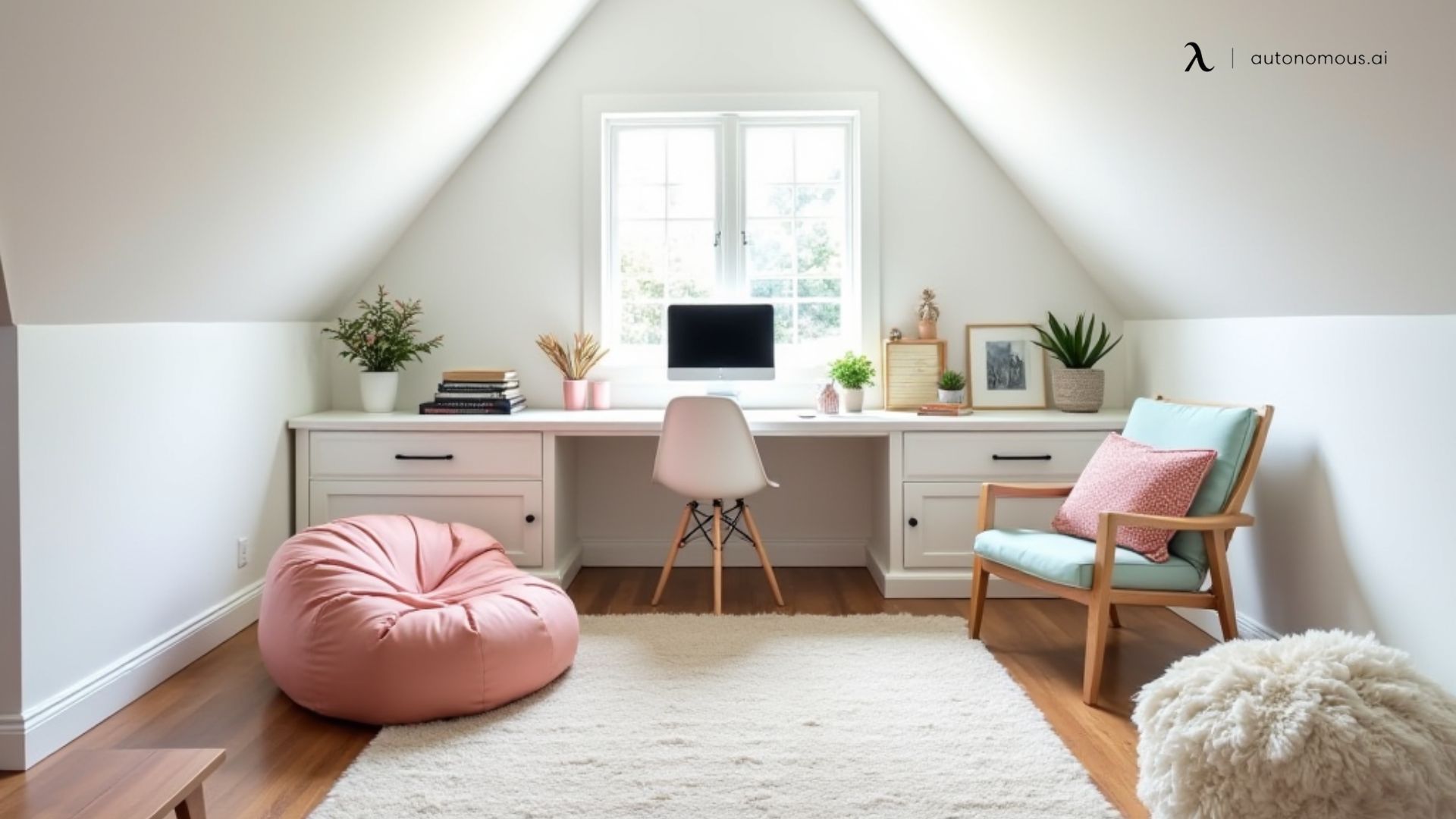 Low-Ceiling Attic Office with Floor Seating