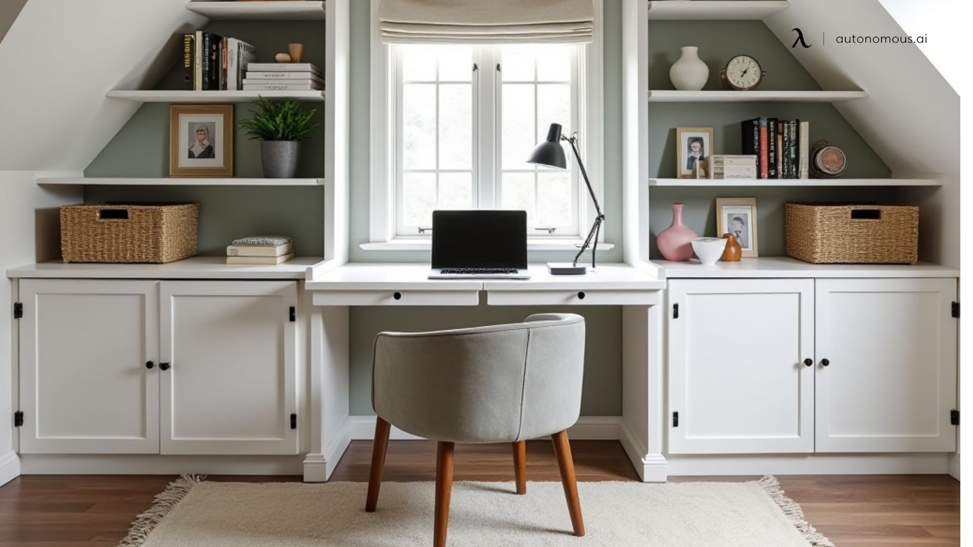 Attic Office with Built-in Shelves and Storage