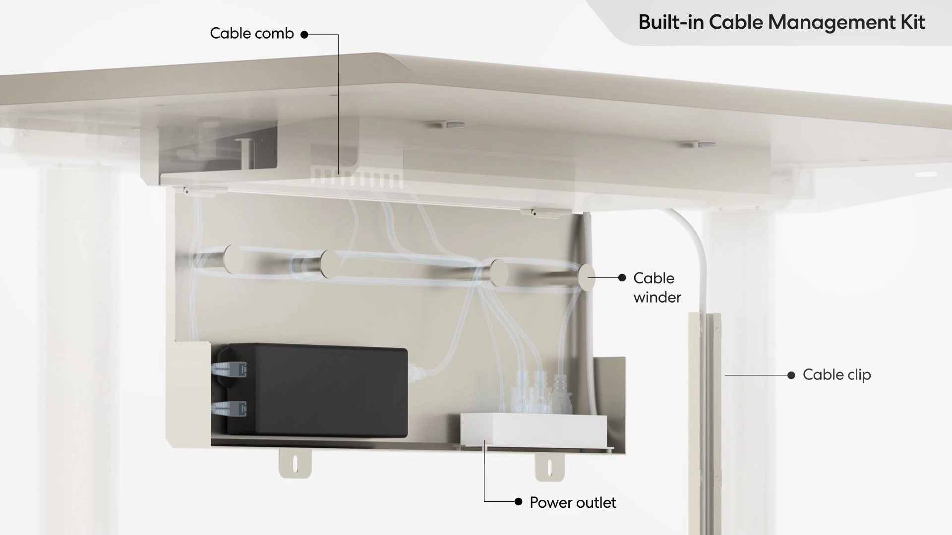 Many motorized desks include built-in cable management solutions