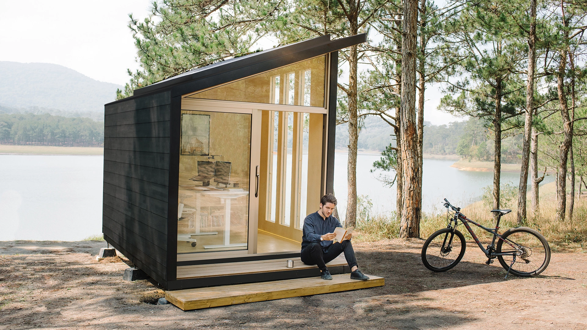 A tiny backyard workroom creates a clear boundary between work and home life