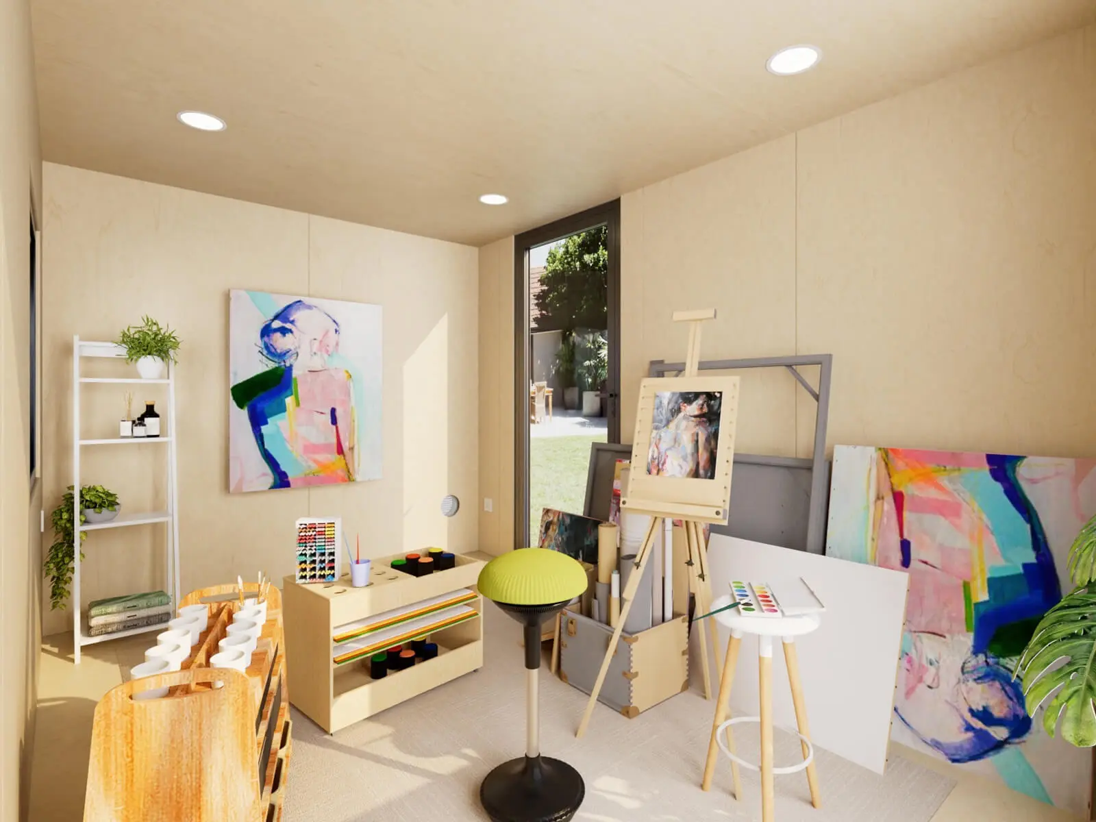 a small shed interior transformed into a backyard art studio