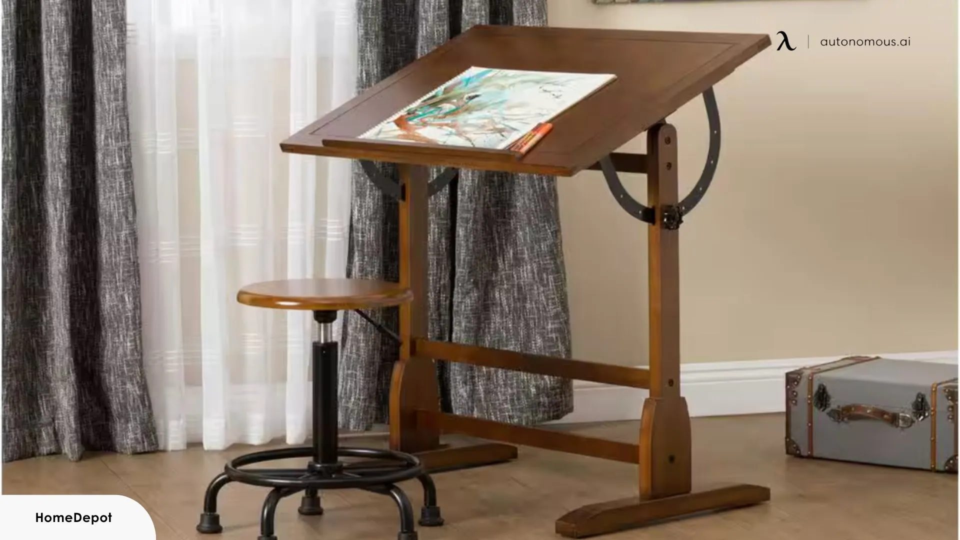 Vintage 36 in. W Drawing/Writing Desk in Rustic Oak with Angle Adjustable Top