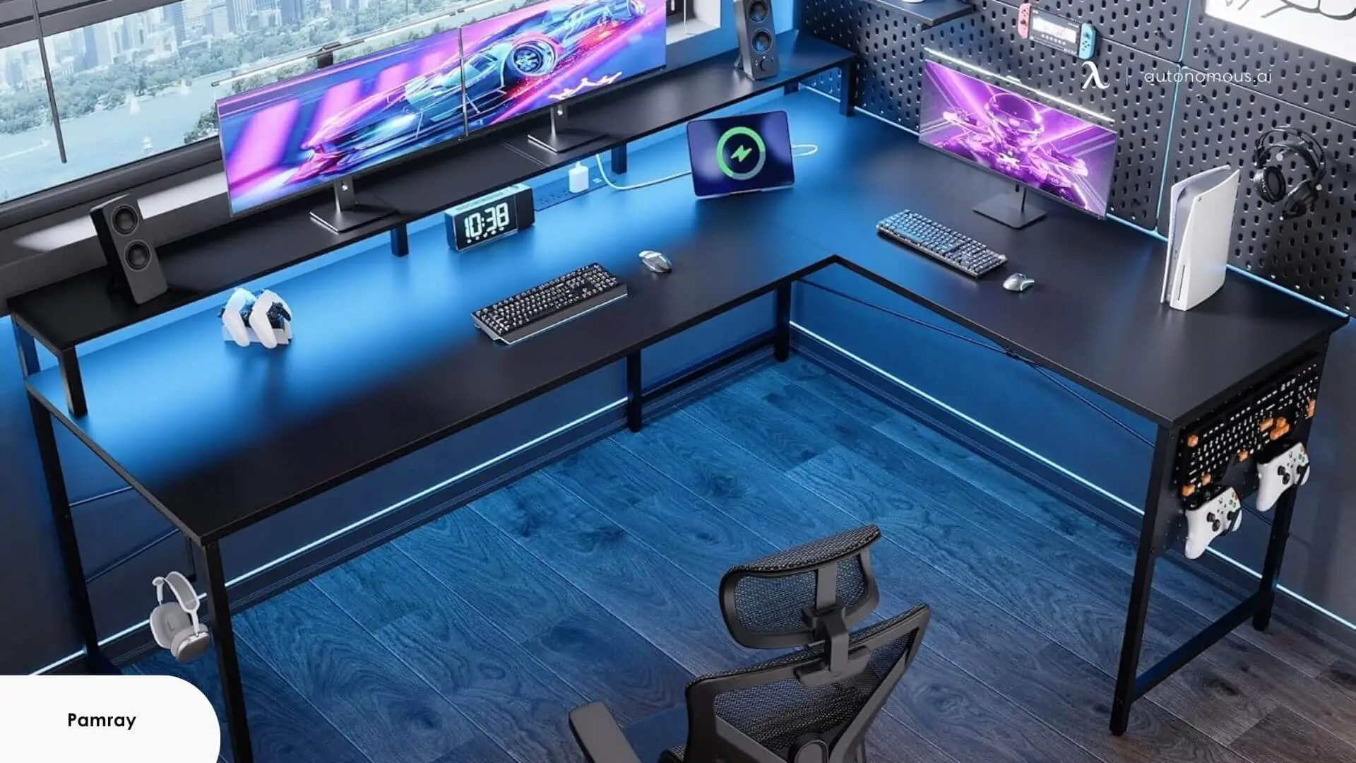 Pamray 64 Inch L Shaped Gaming Desk with Power Outlets 
