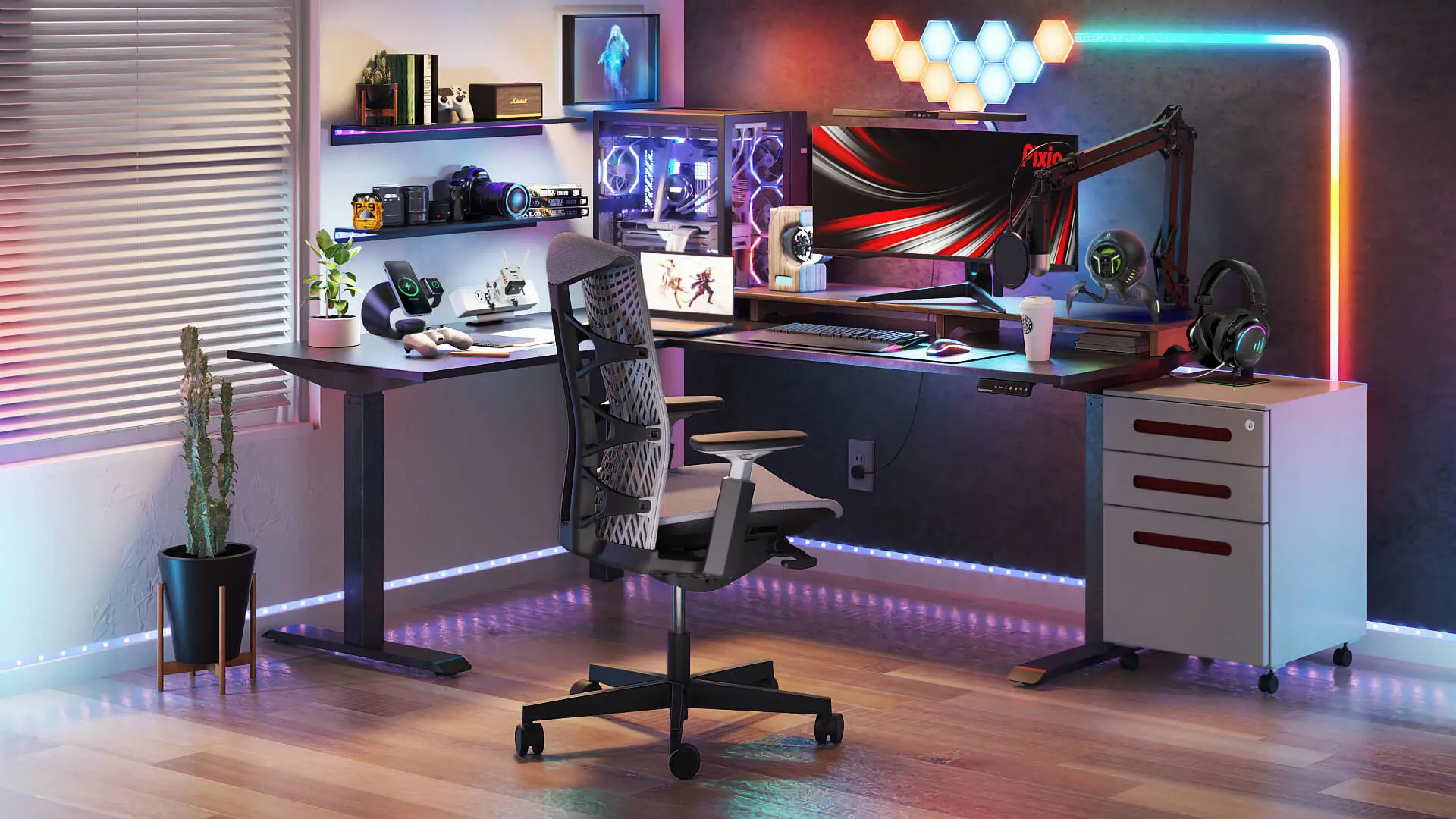 L-shaped standing desk with storage