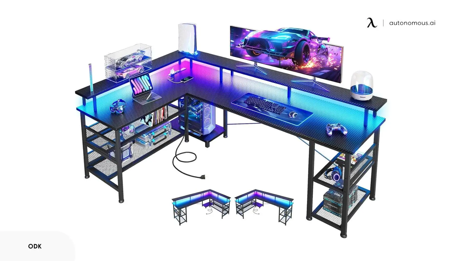 ODK L-Shaped Gaming Desk with Power Outlet and LED Lights