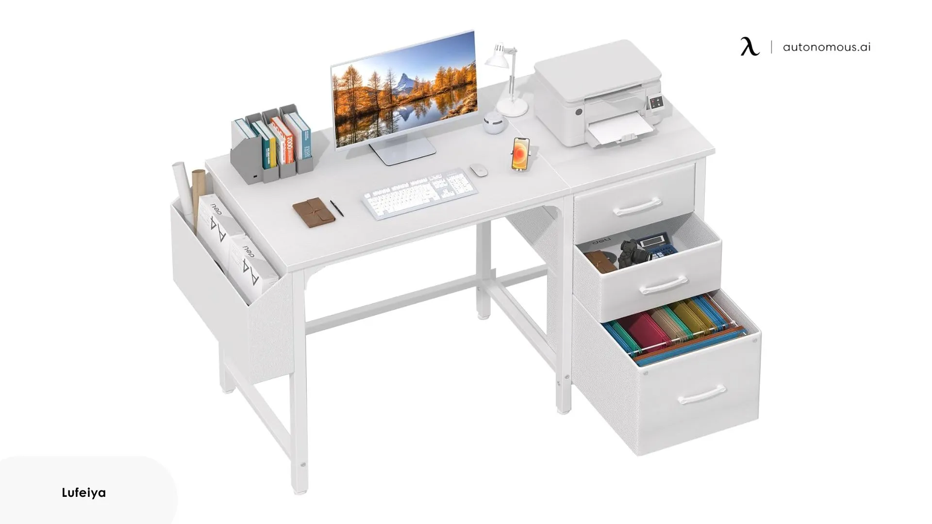 Lufeiya White Desk with Fabric File Drawers Cabinet