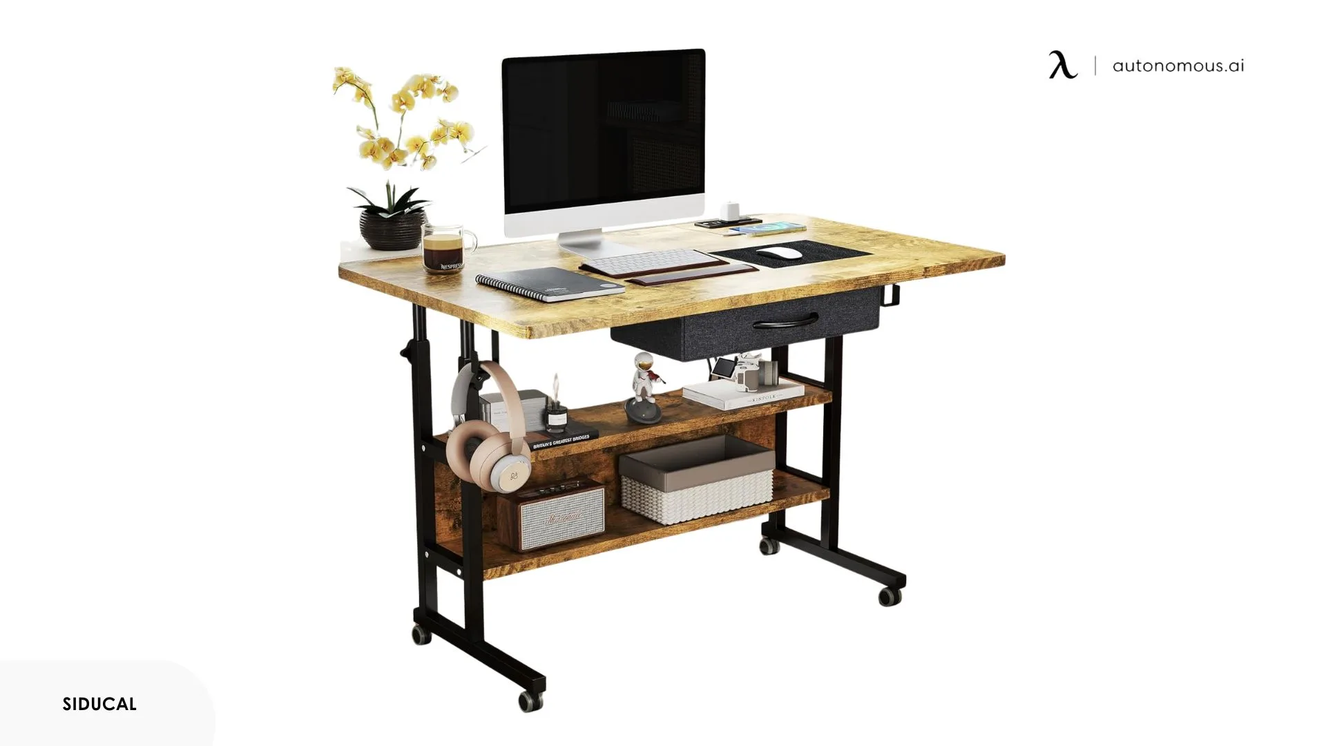 SIDUCAL Manual Stand Up Desk with Storage Shelves
