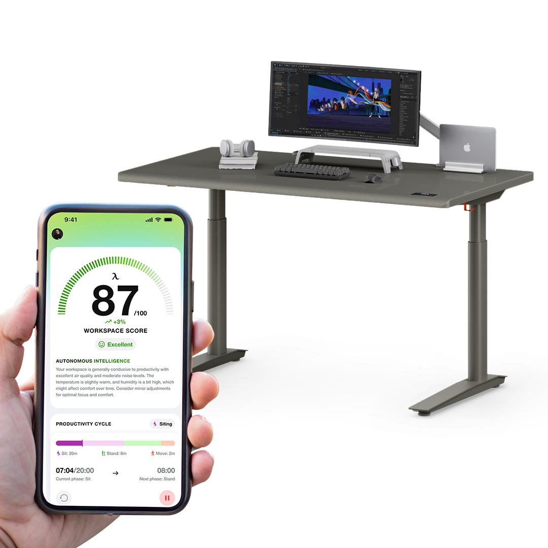 Autonomous VibeDesk Standing Desk with Environmental Sensors and Smart Nudges Gray