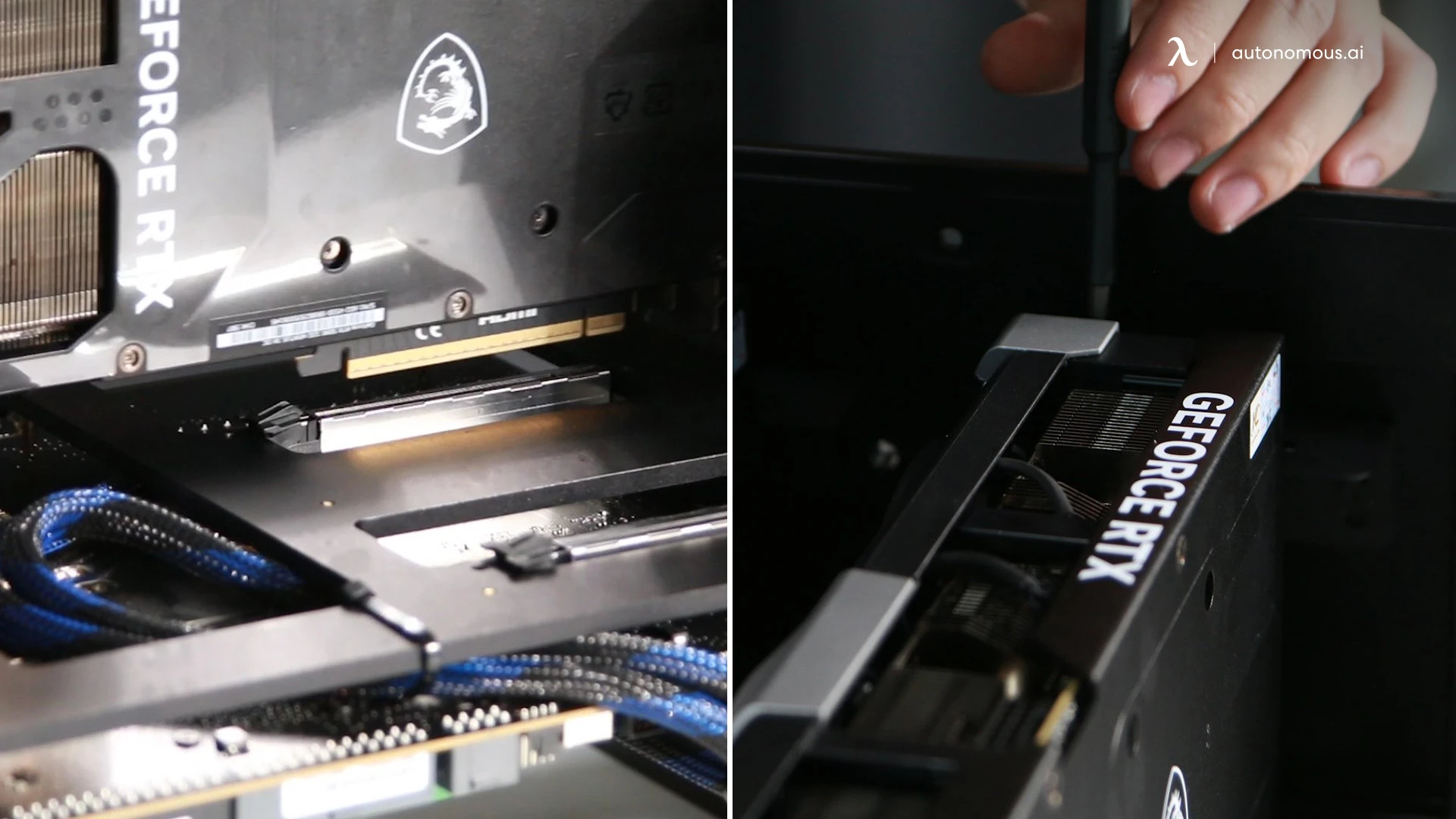 Riser male ends into the motherboard's PCIe slots.