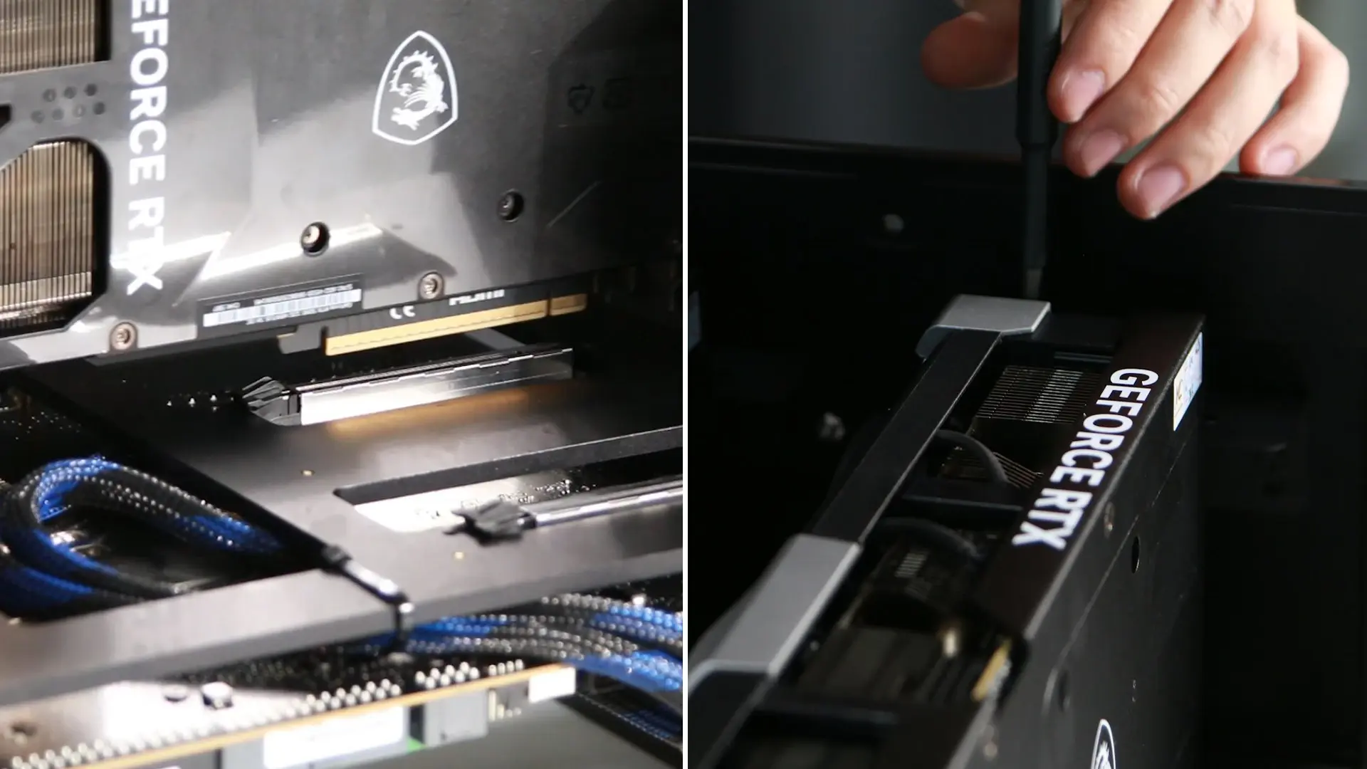 Riser male ends into the motherboard's PCIe slots.