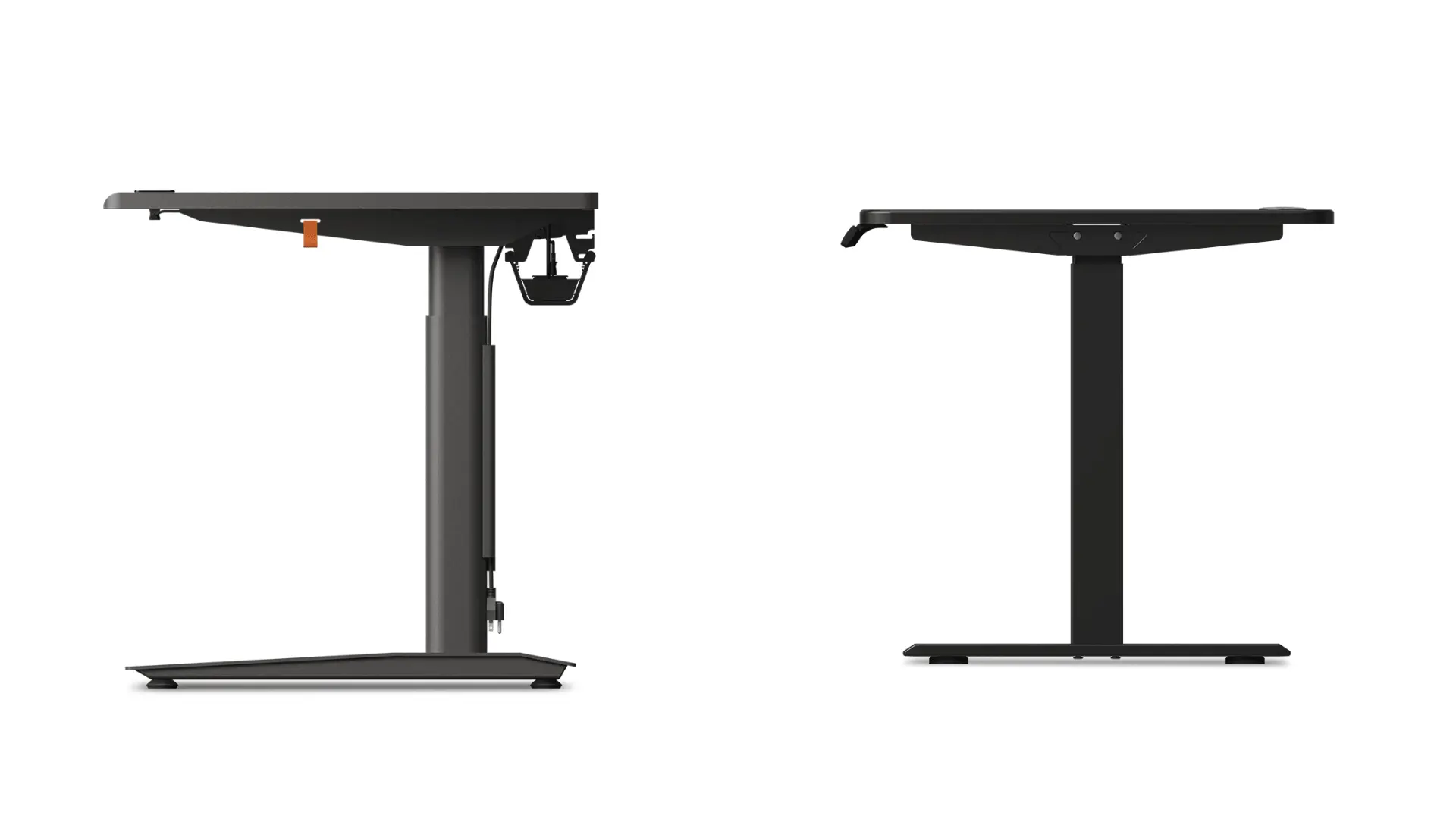 C-frame and T-frame standing desks differ in how the foot under each column extends.