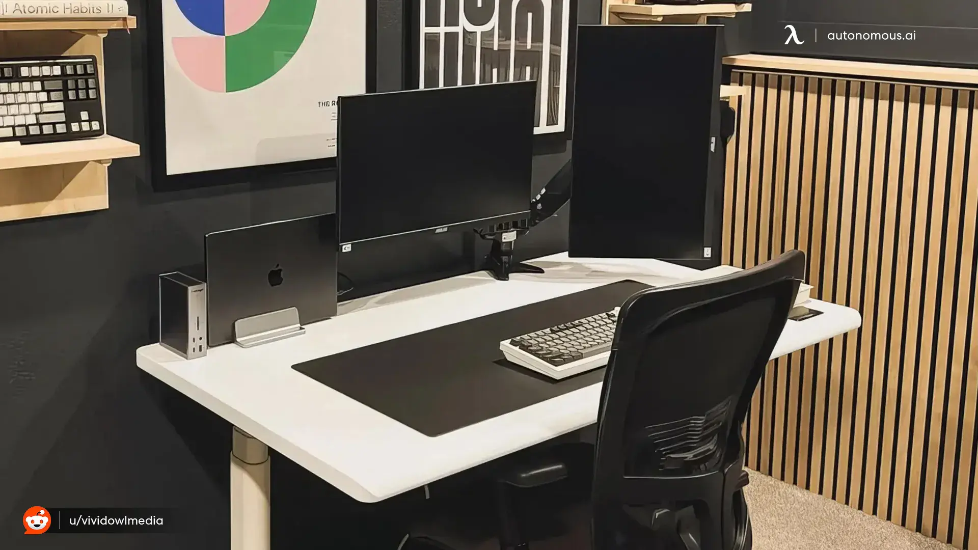 White desk, black chair, black peripherals