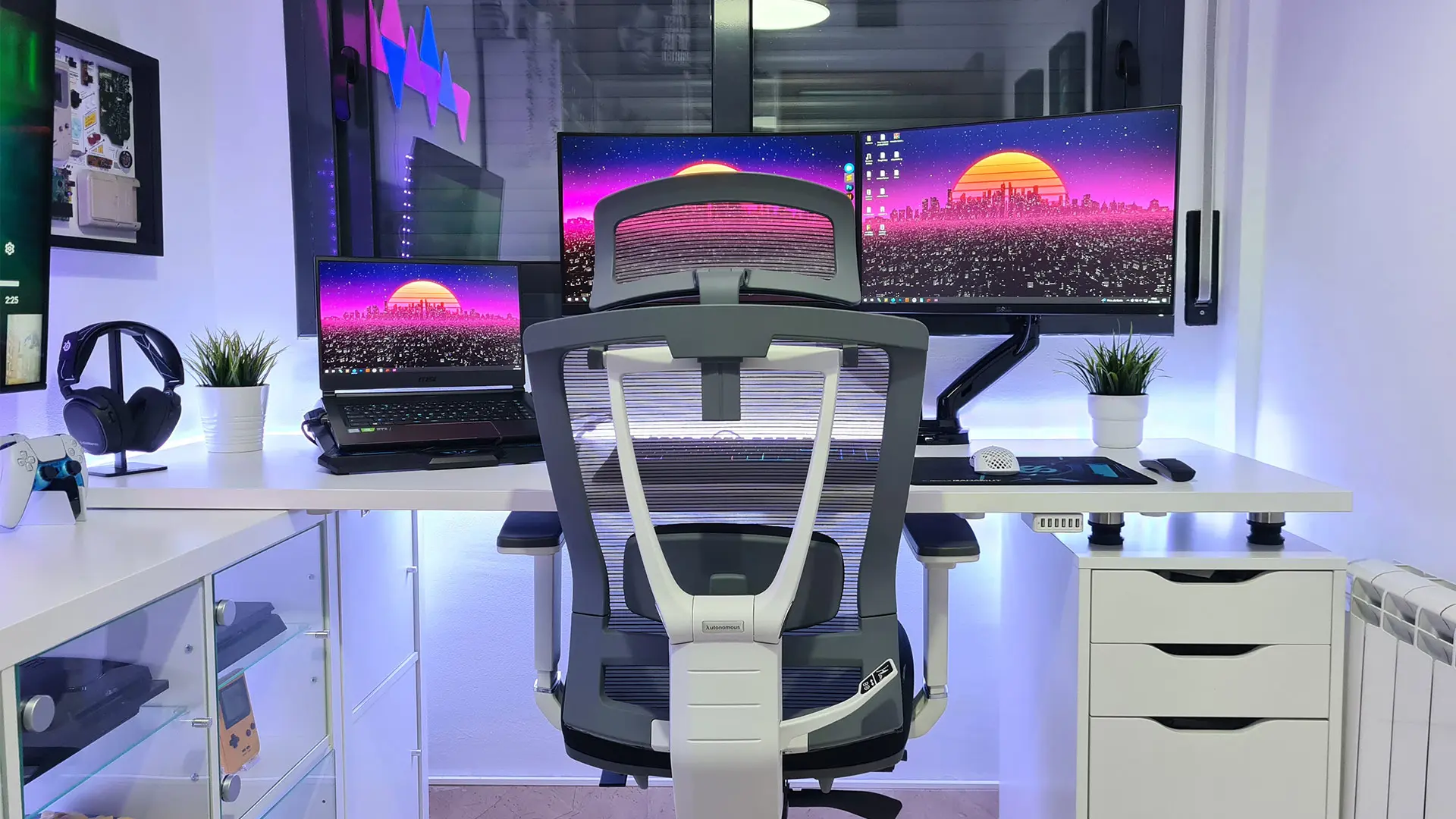 lack and white gaming room with white L-shaped desk