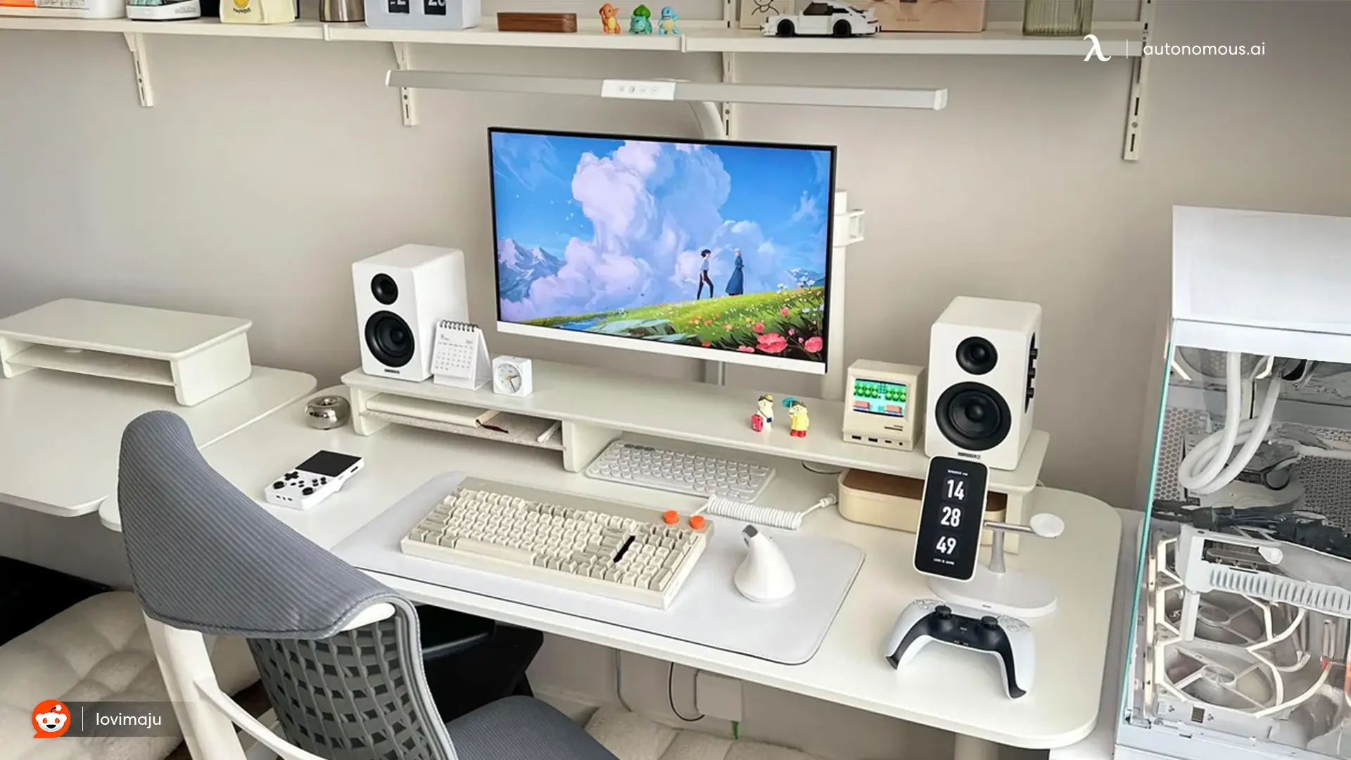 black and white desk setup with warm white and wood accents