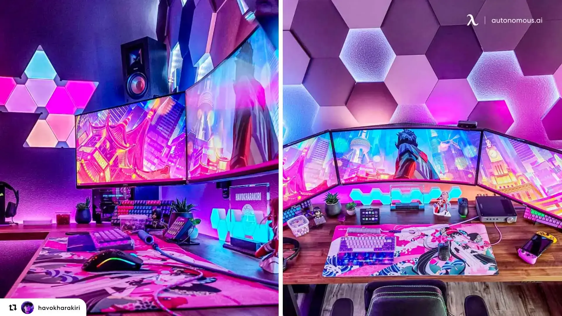 neon anime gaming setup with LED wall panels