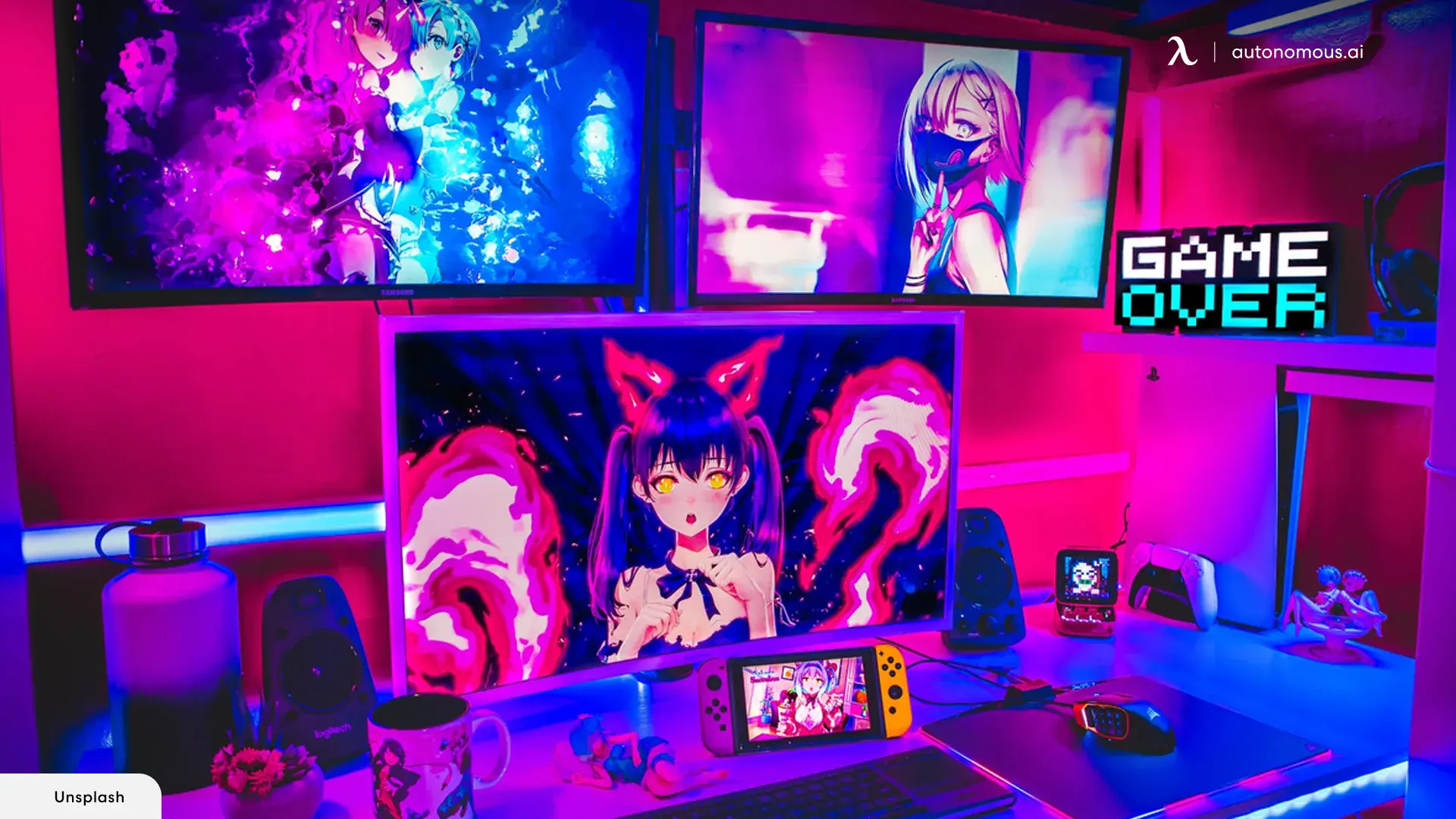 anime pc setup with multiple monitors and key art wallpaper