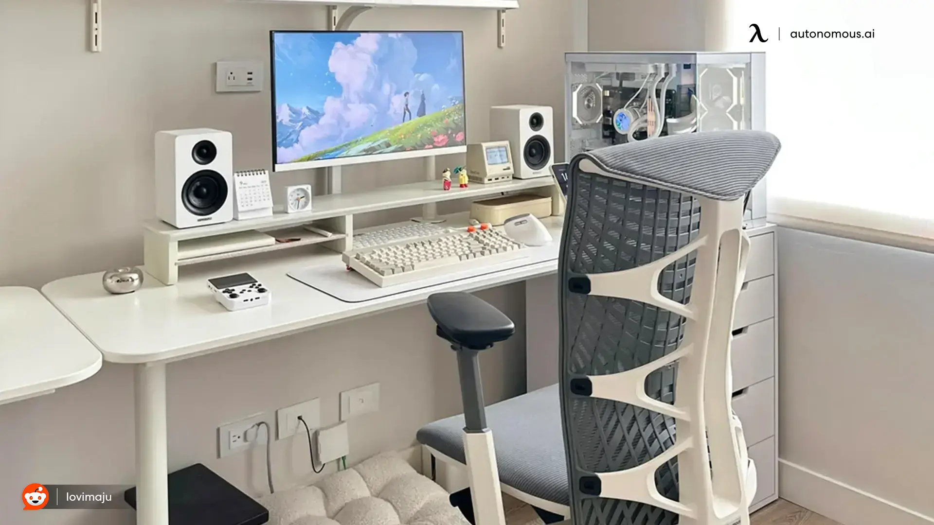 anime gaming room setup in a bedroom with a white desk