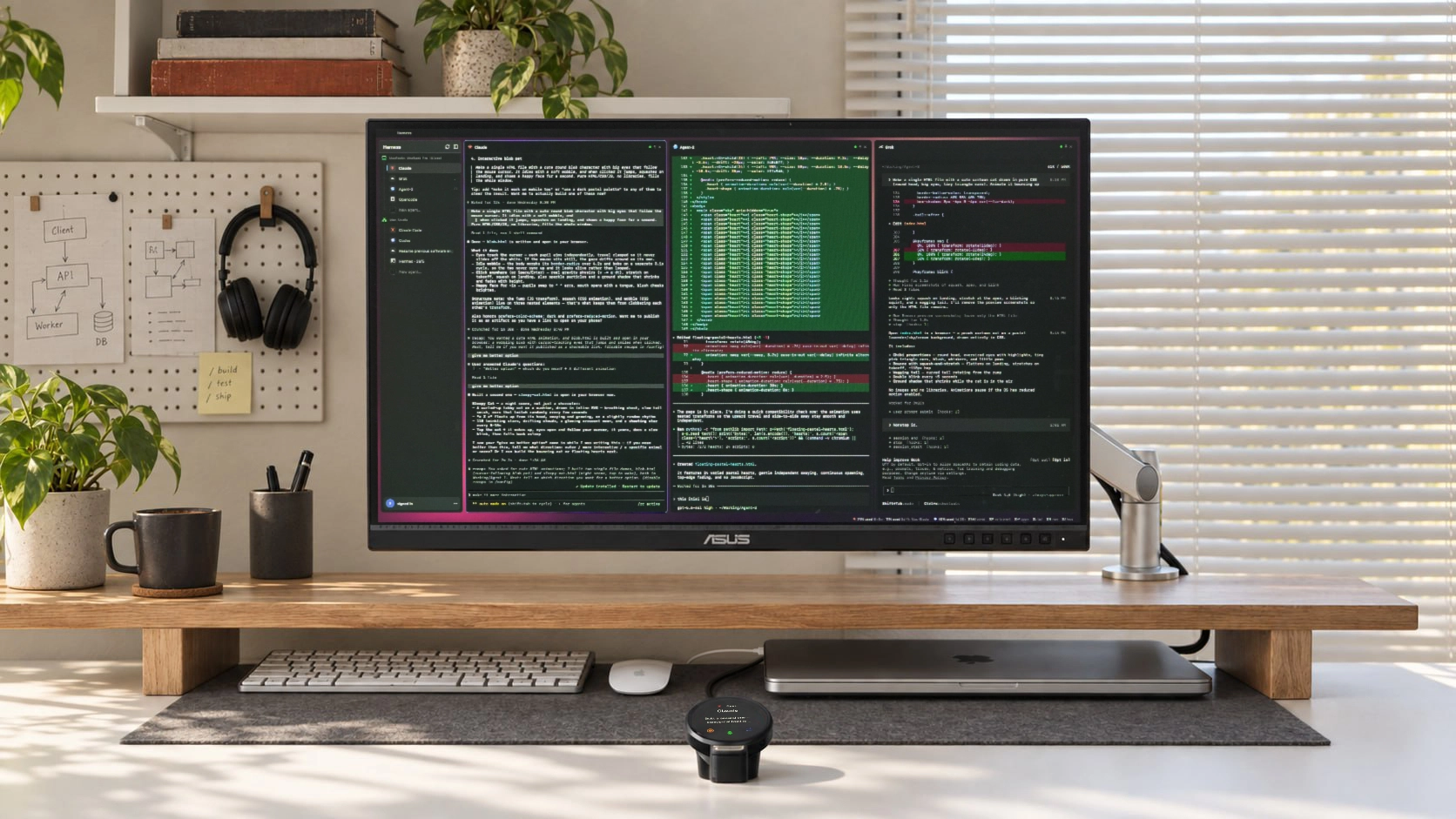 Harness on a desk in front of a monitor running a terminal