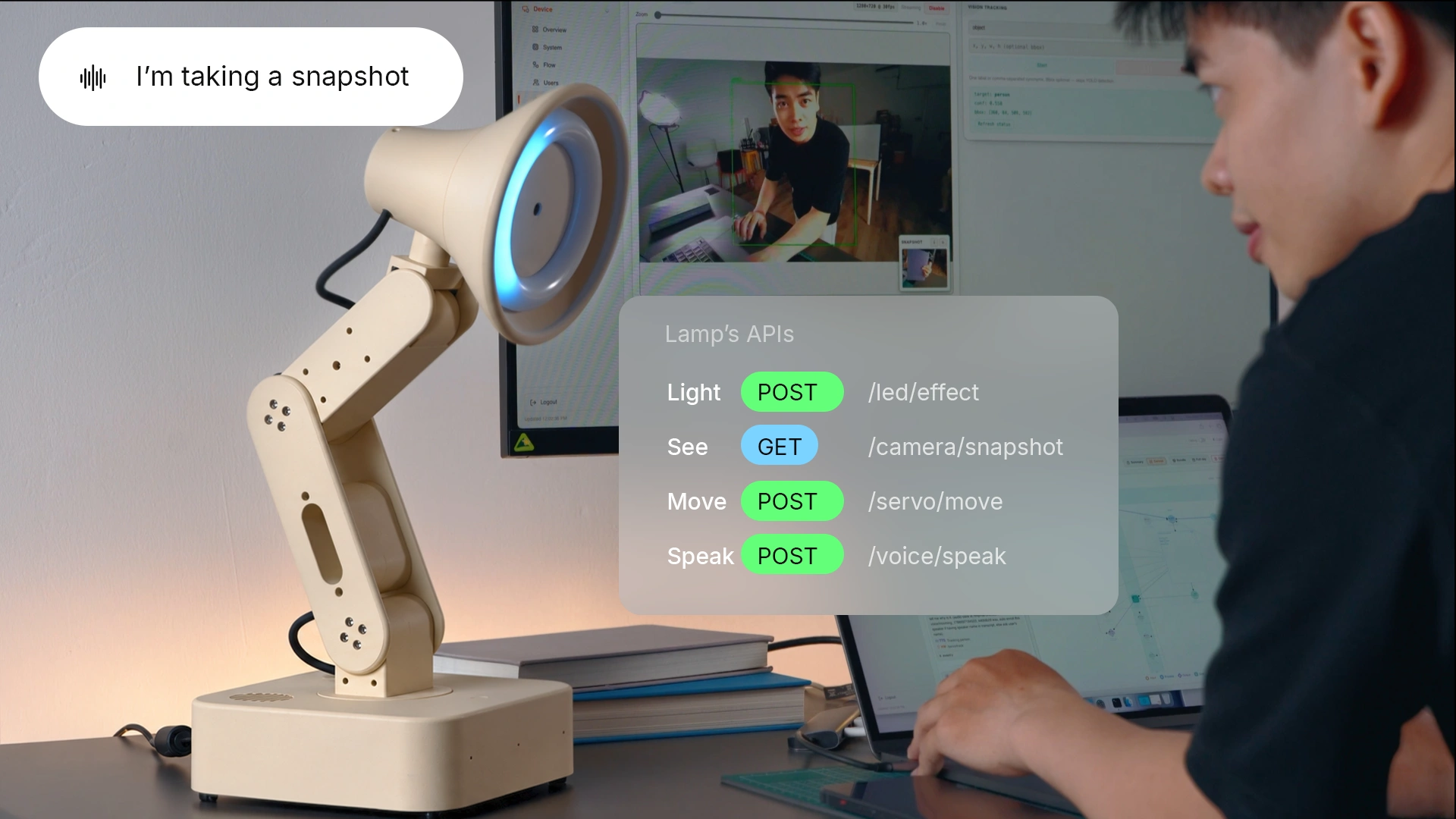 Your code, a script, a service, or your own agent calls Lamp’s physical APIs over HTTP to light, see, move, and speak, and gets sensing events back. Illustration of a configured connection.