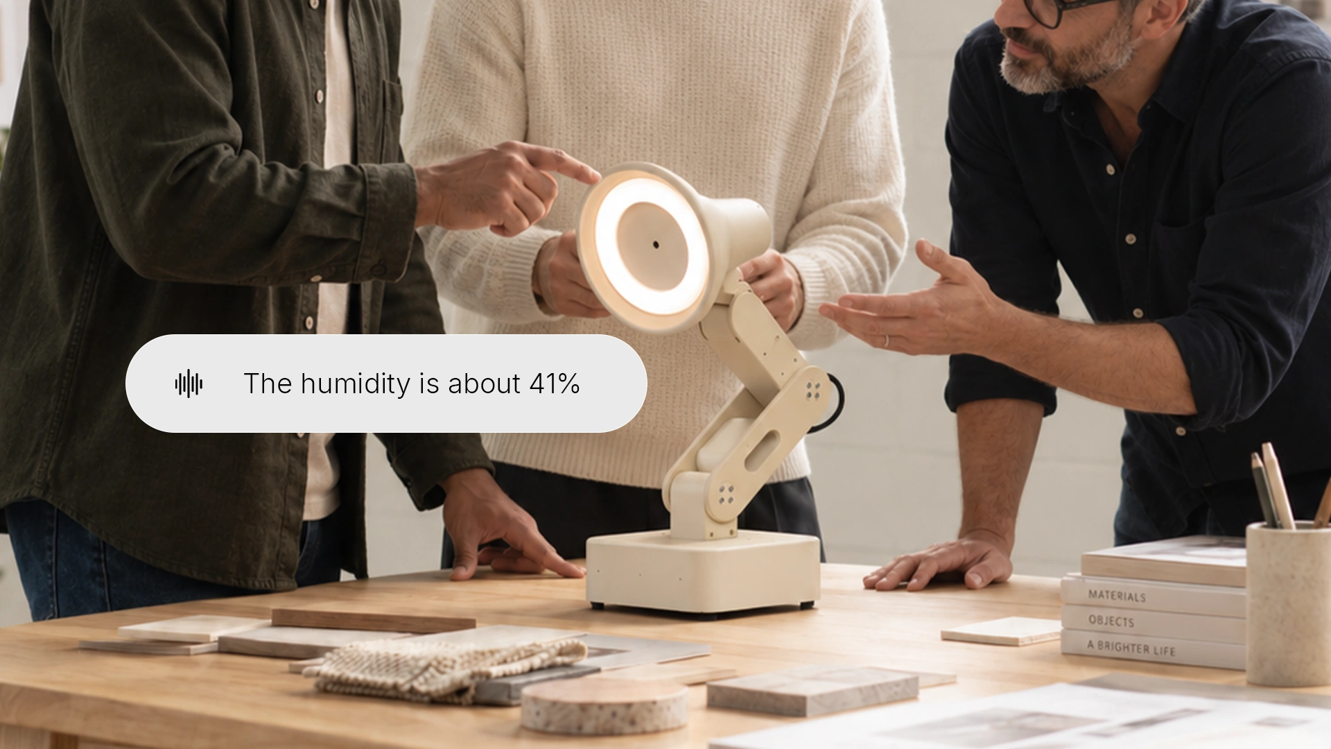 Lamp Pro at a desk with an illustrated room-condition reminder