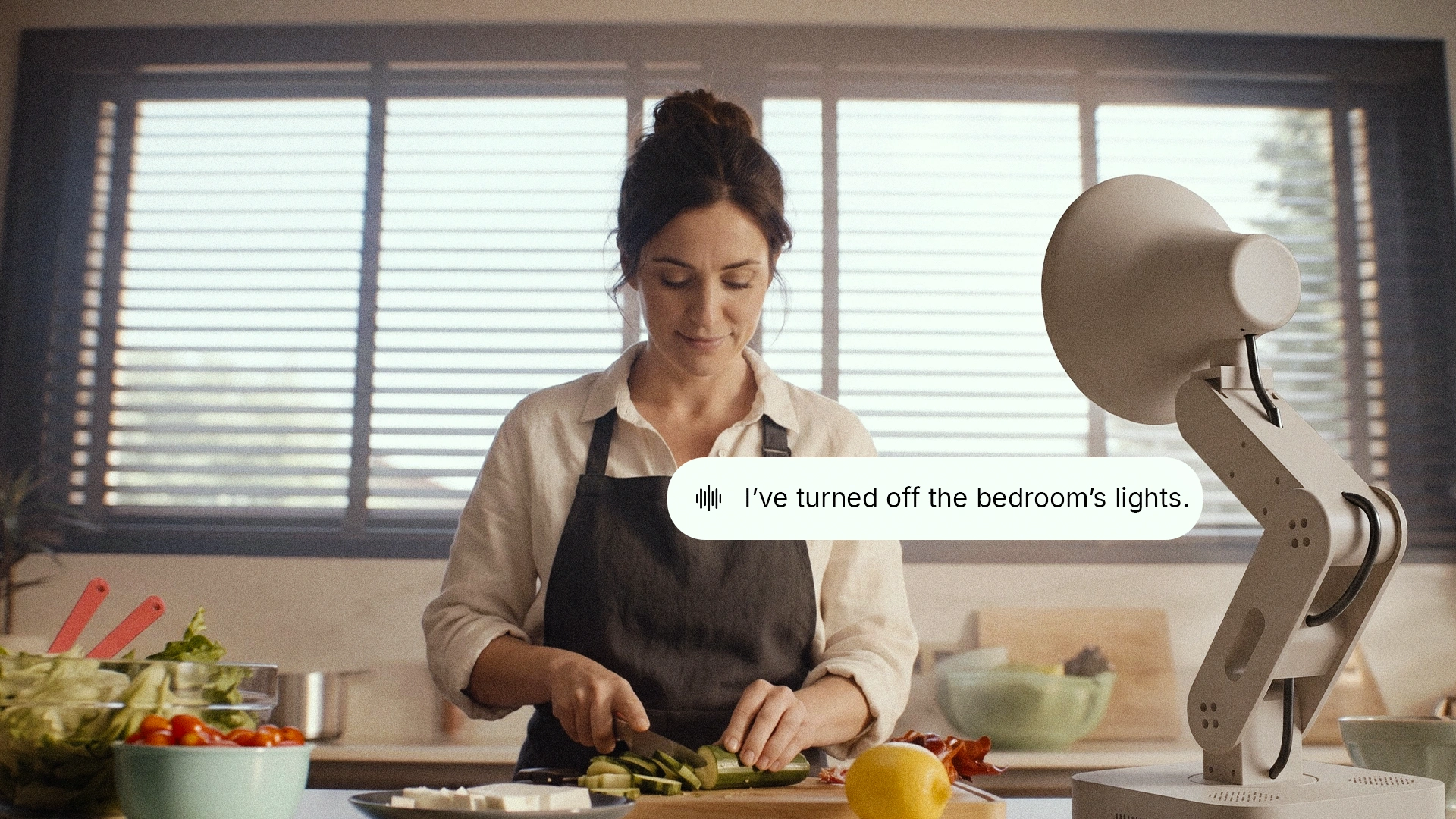 Concept of Lamp telling a person cooking that it turned off the bedroom lights