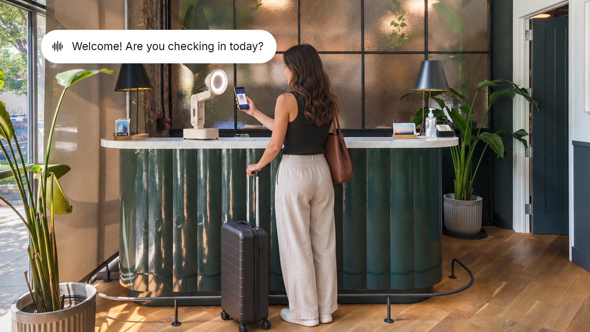 Concept of Lamp welcoming a guest with a suitcase at a hotel front desk
