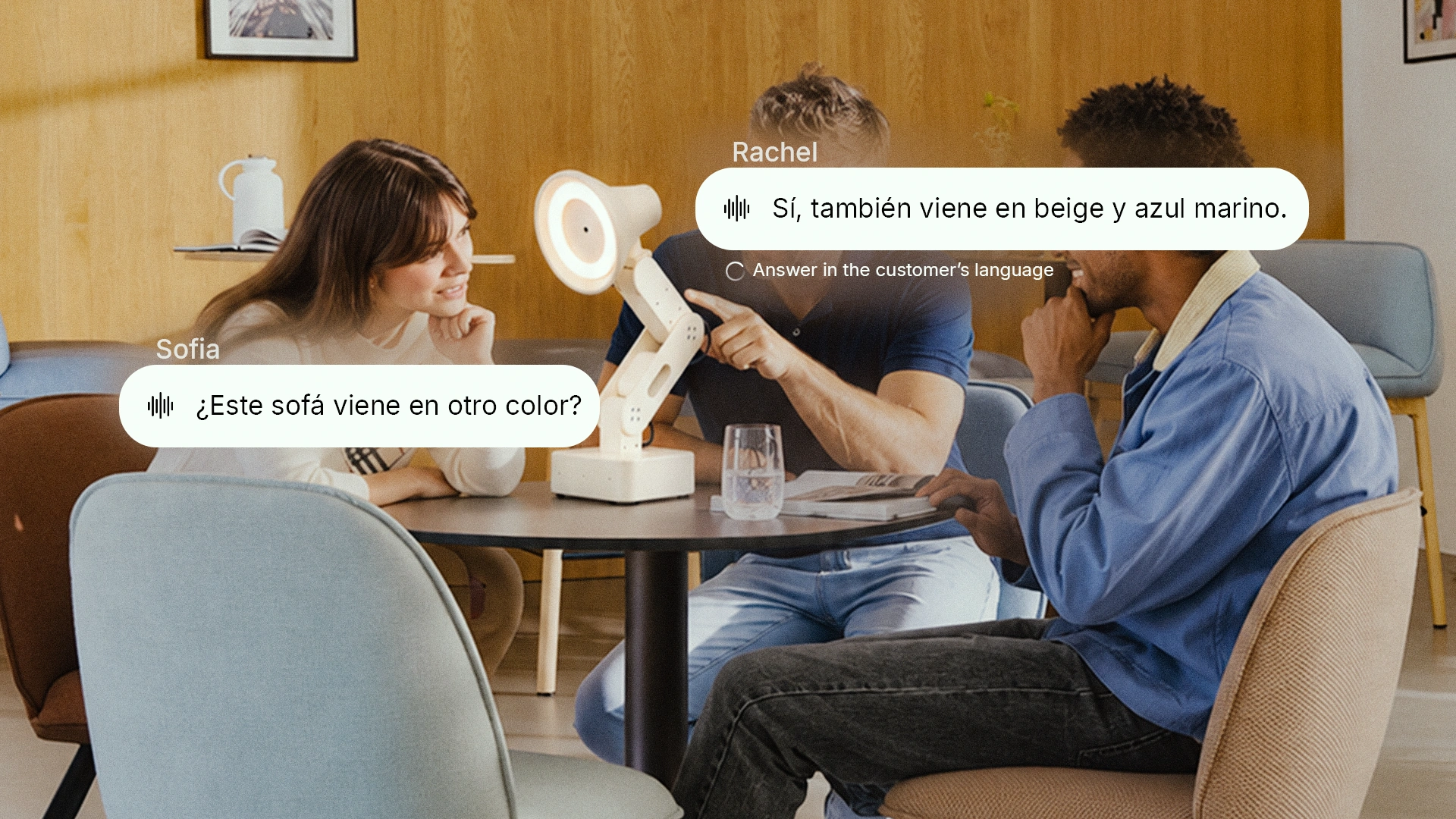 Concept of Lamp answering a couple in Spanish about the colours a sofa comes in