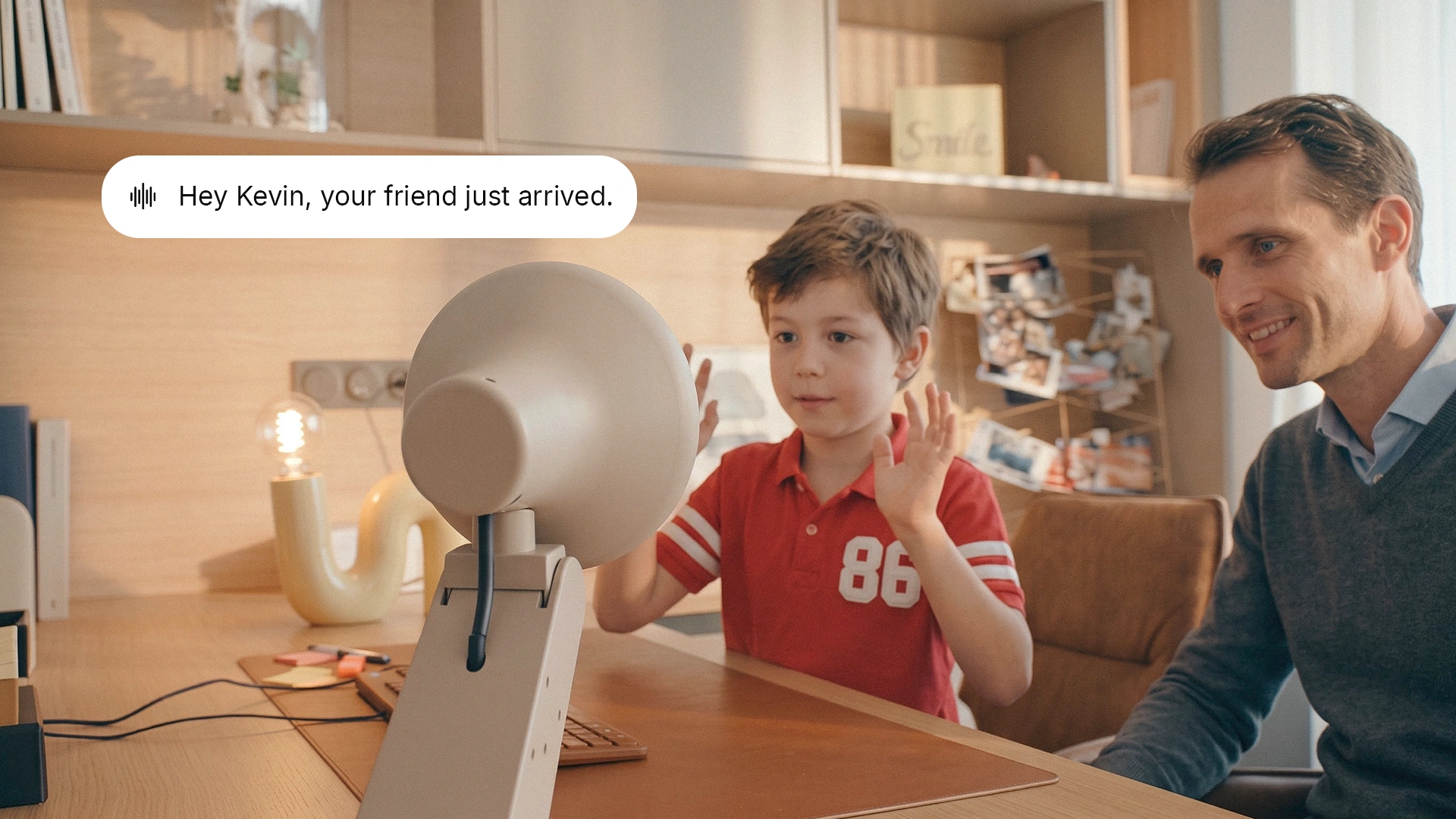 Concept of Lamp telling a father and son that a friend just arrived