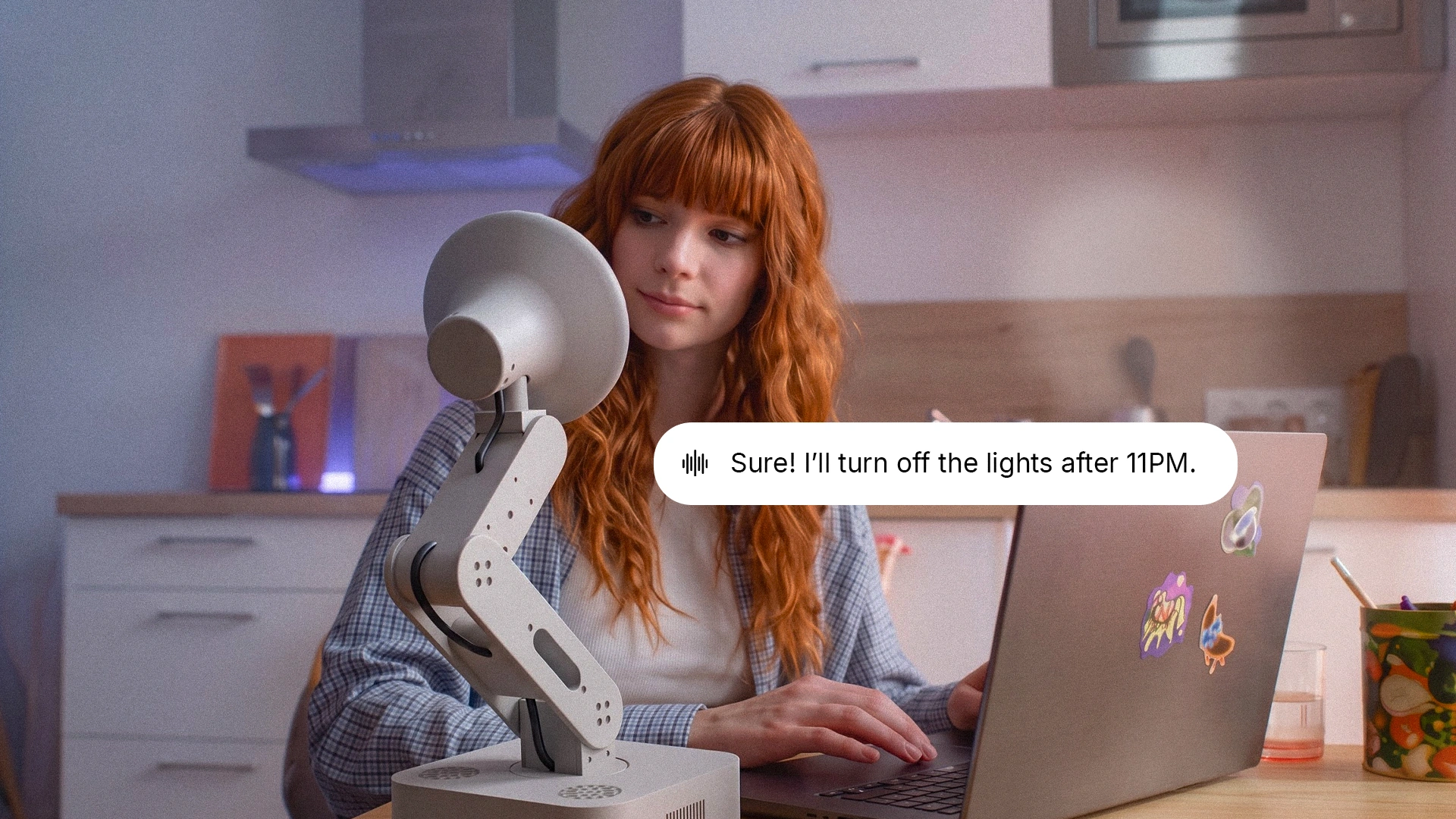 Concept of a person at a laptop as Lamp agrees to turn off the lights after 11 PM