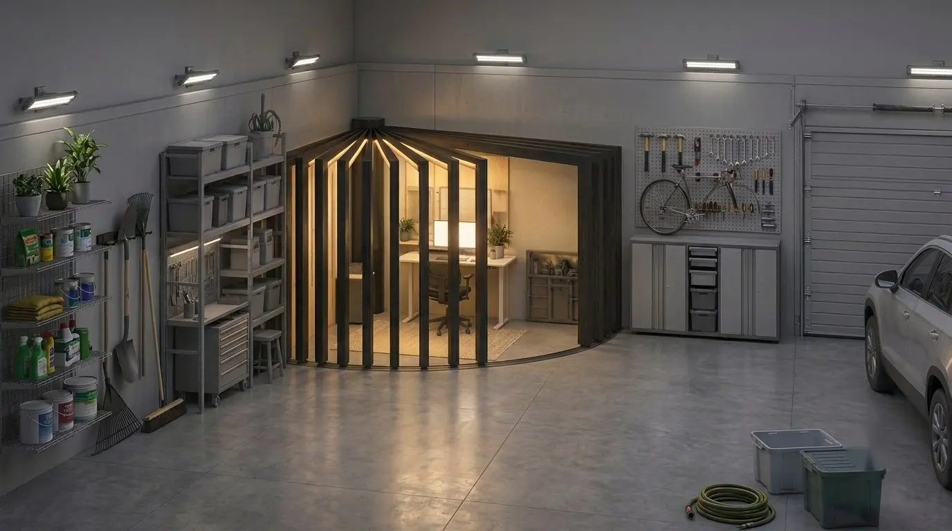 GaragePod in one corner of a two-car garage, shelves on the left and an SUV parked on the right